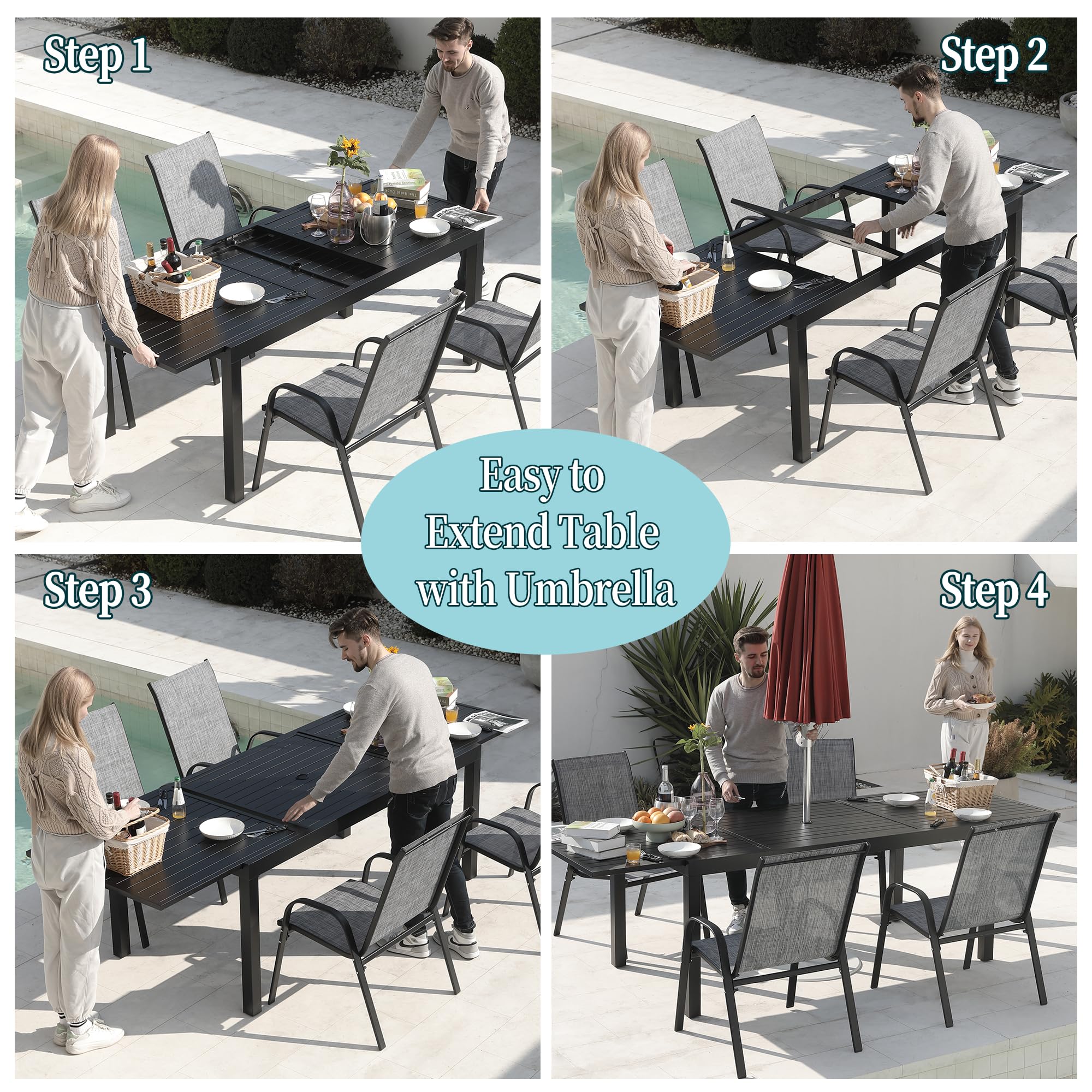 Expandable Aluminum Outdoor Dining Table with Umbrella Hole