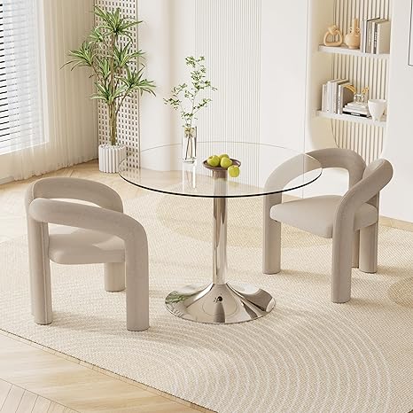 3 Piece Round Glass Dining Set with Velvet Chairs