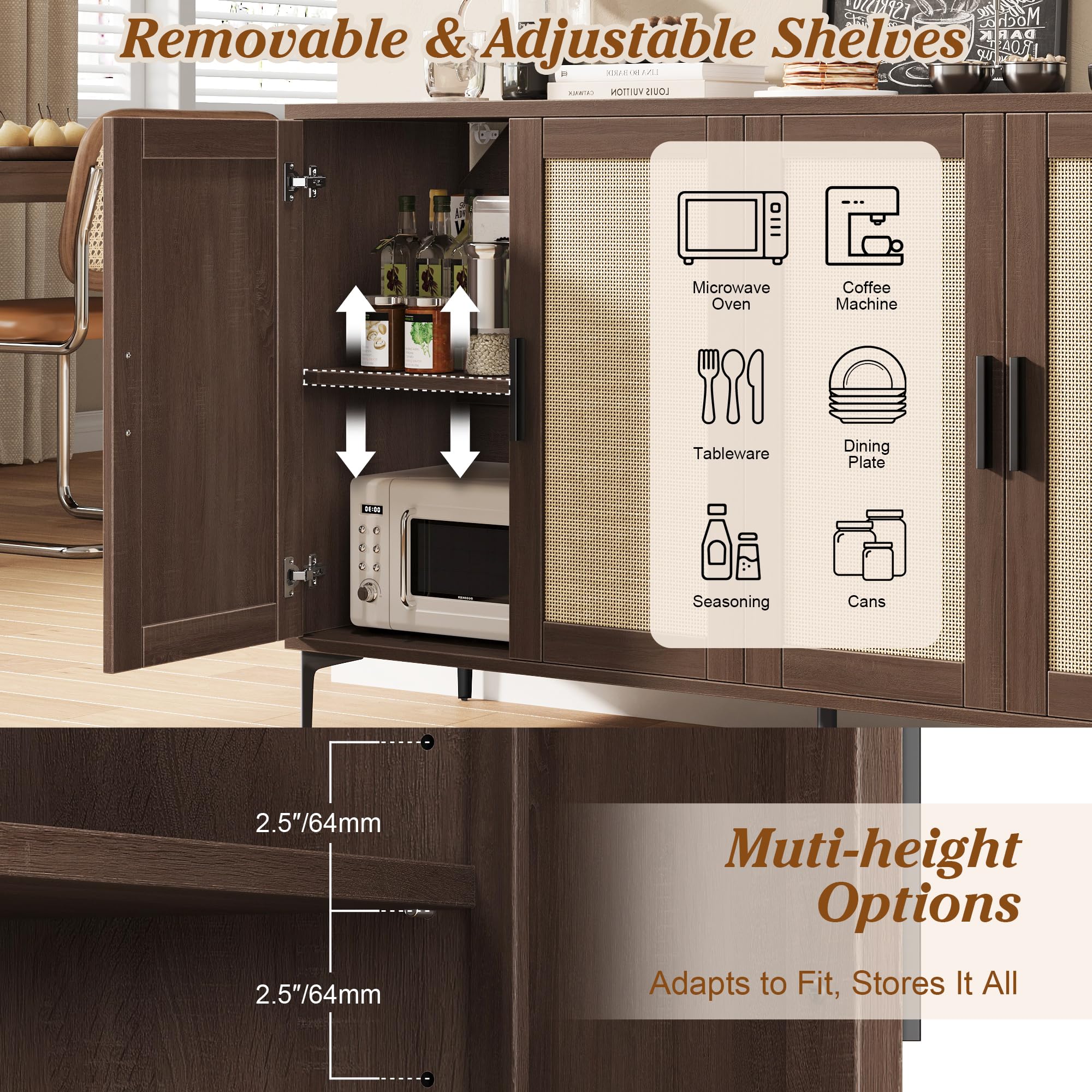 48" Rattan Buffet Cabinet with Adjustable Shelves