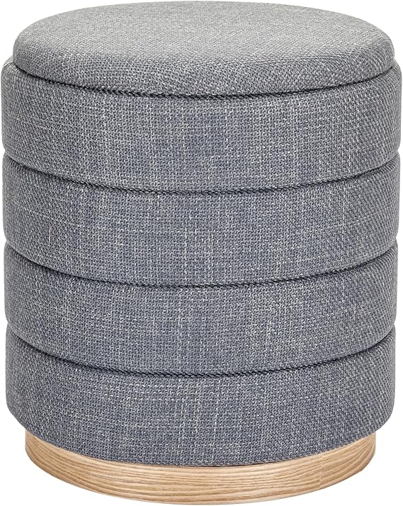 Round Storage Ottoman - Linen Upholstered Footrest Bench