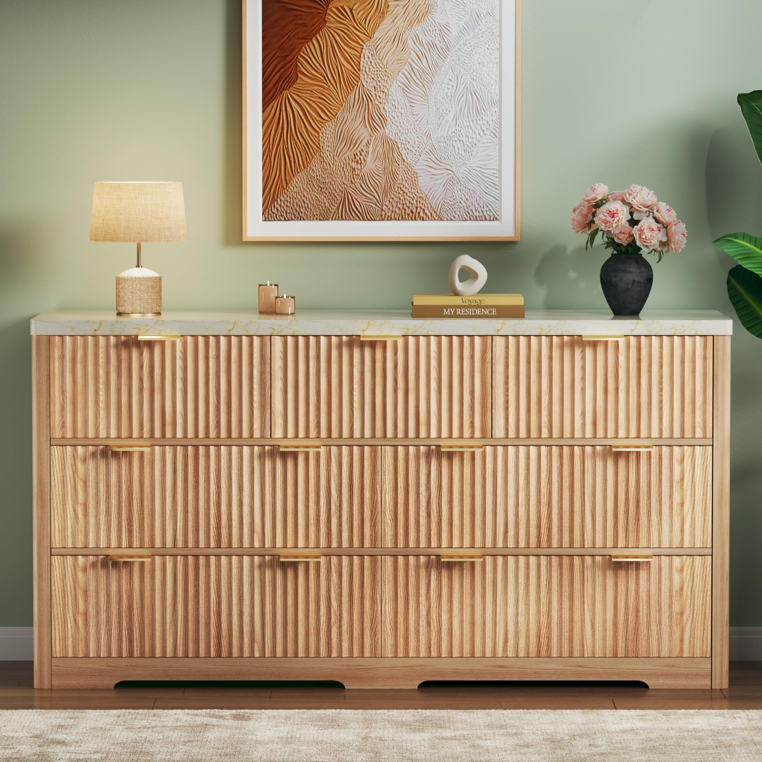 7-Drawer Fluted Dresser with Faux Marble Top