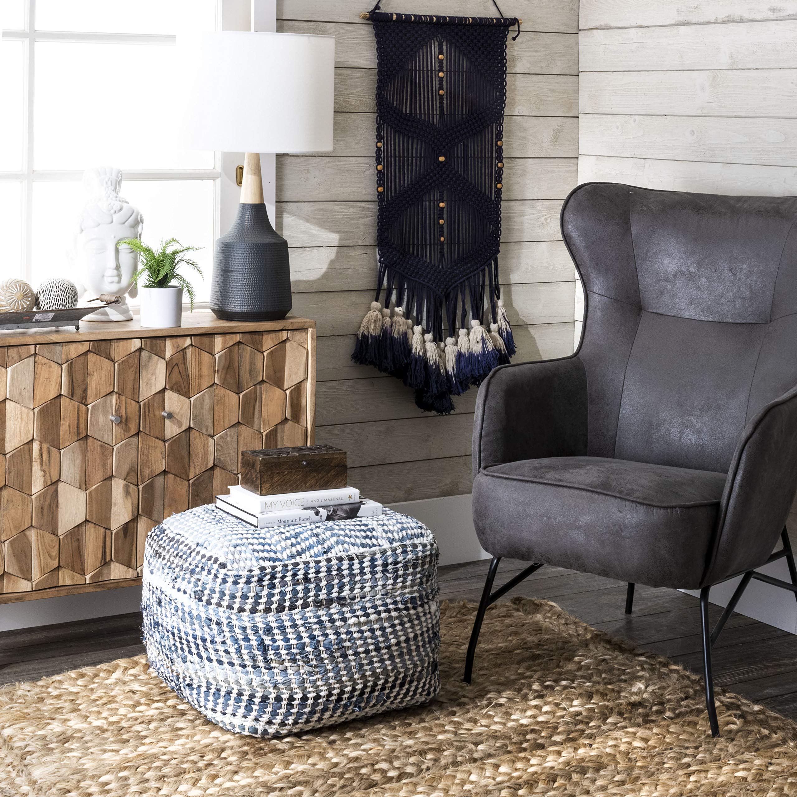 Handmade Denim Textured Filled Ottoman Pouf