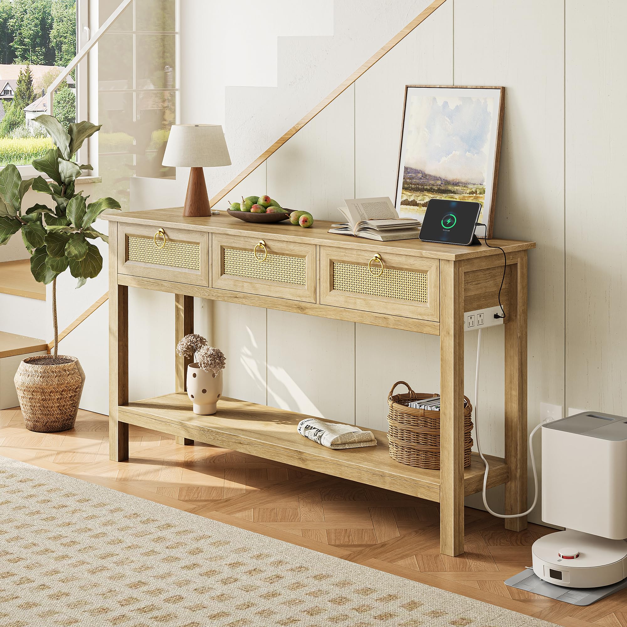 Rattan Console Table with Outlets and USB-C Port