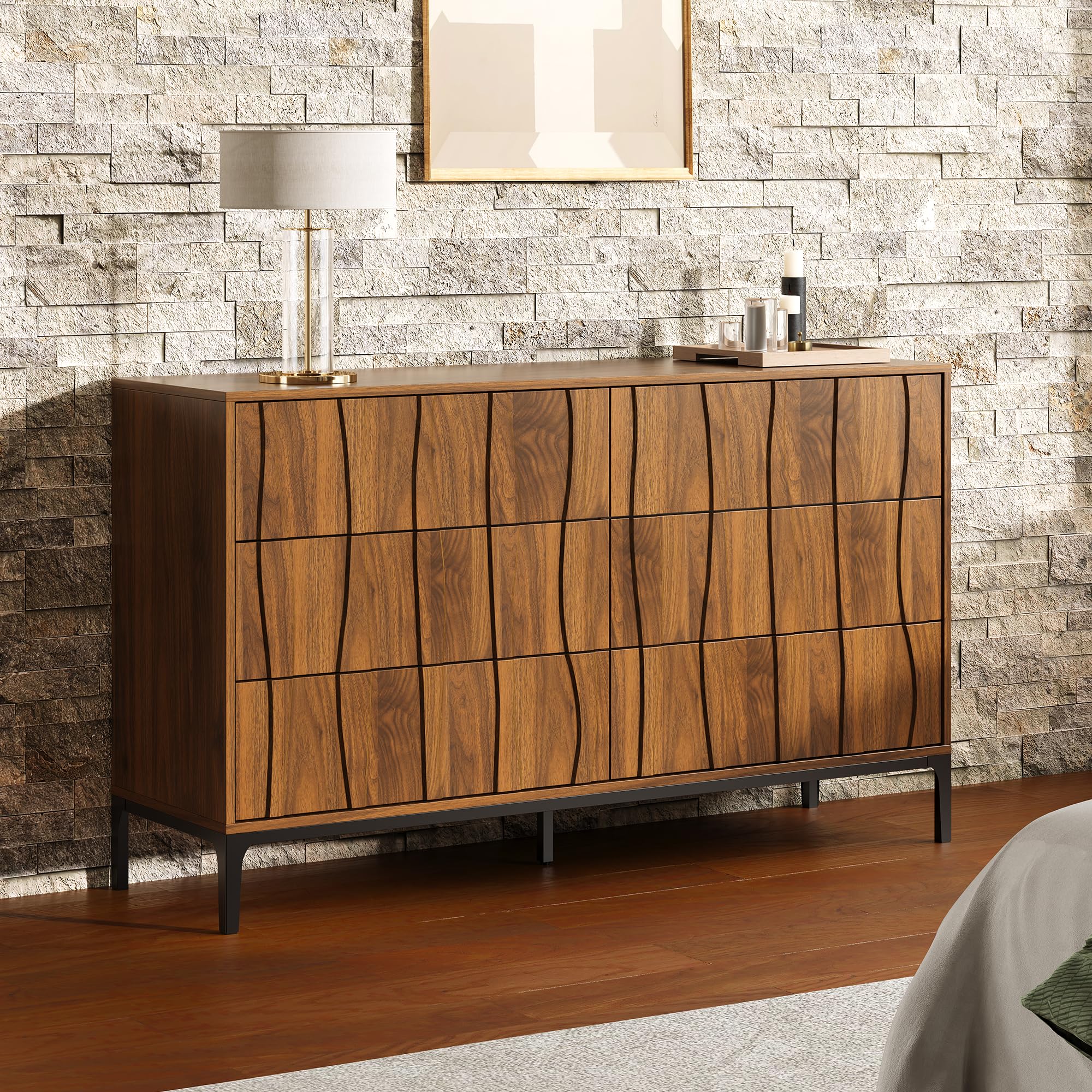 6-Drawer Dresser 54" Walnut Finish Wave Front with Push-to-Open