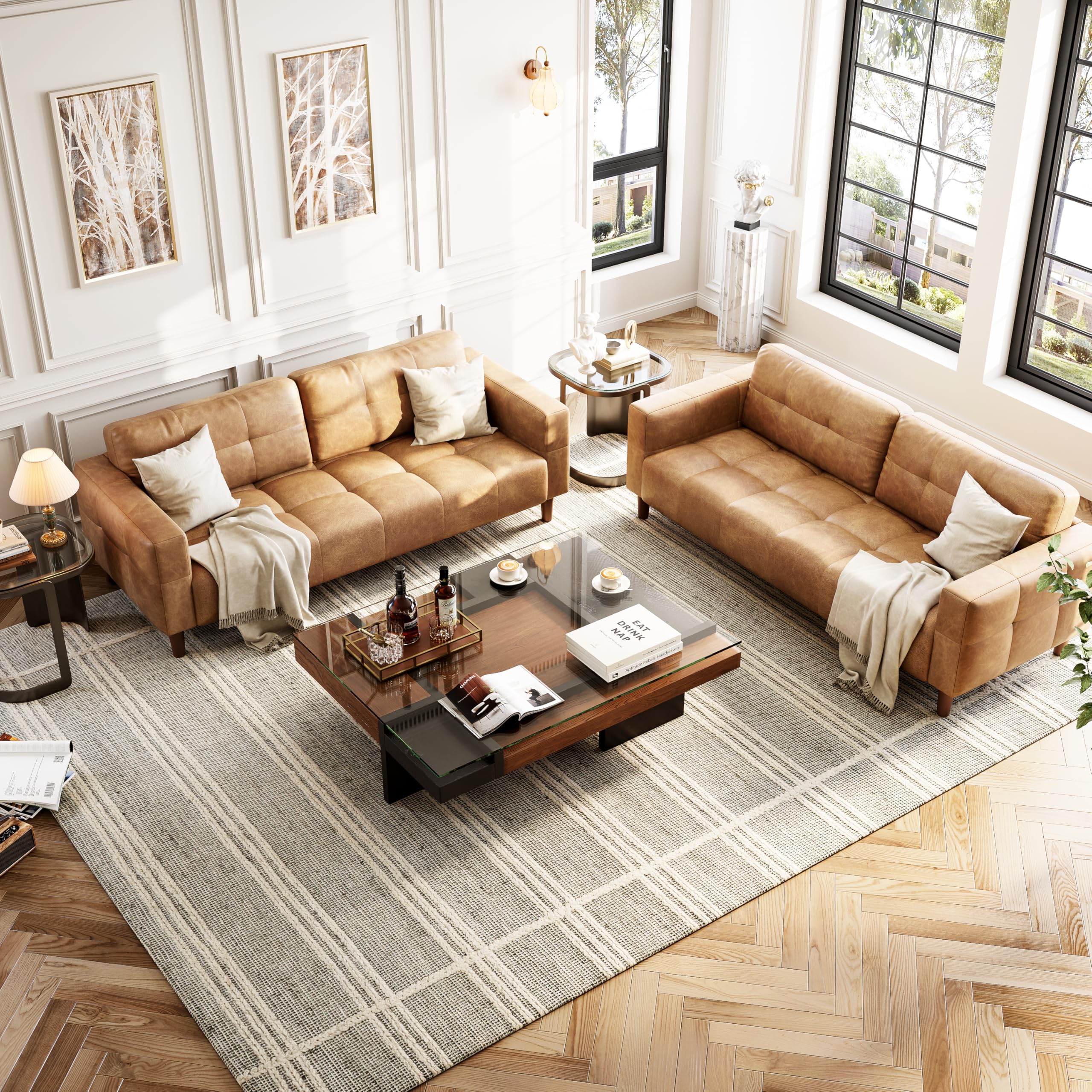 GarveeHome 3-Seater Sofa Couch, 83 in Wide Faux Leather Sofa Couch with Spring Cushion, Modern Sofa with Deep Seats and 2 Removable Back Cushions, for Living Room, Bedroom, Apartment, Office, Brown