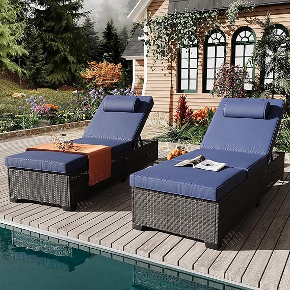Outdoor PE Wicker Chaise Lounge Chairs Set of 2 with Adjustable Backrest