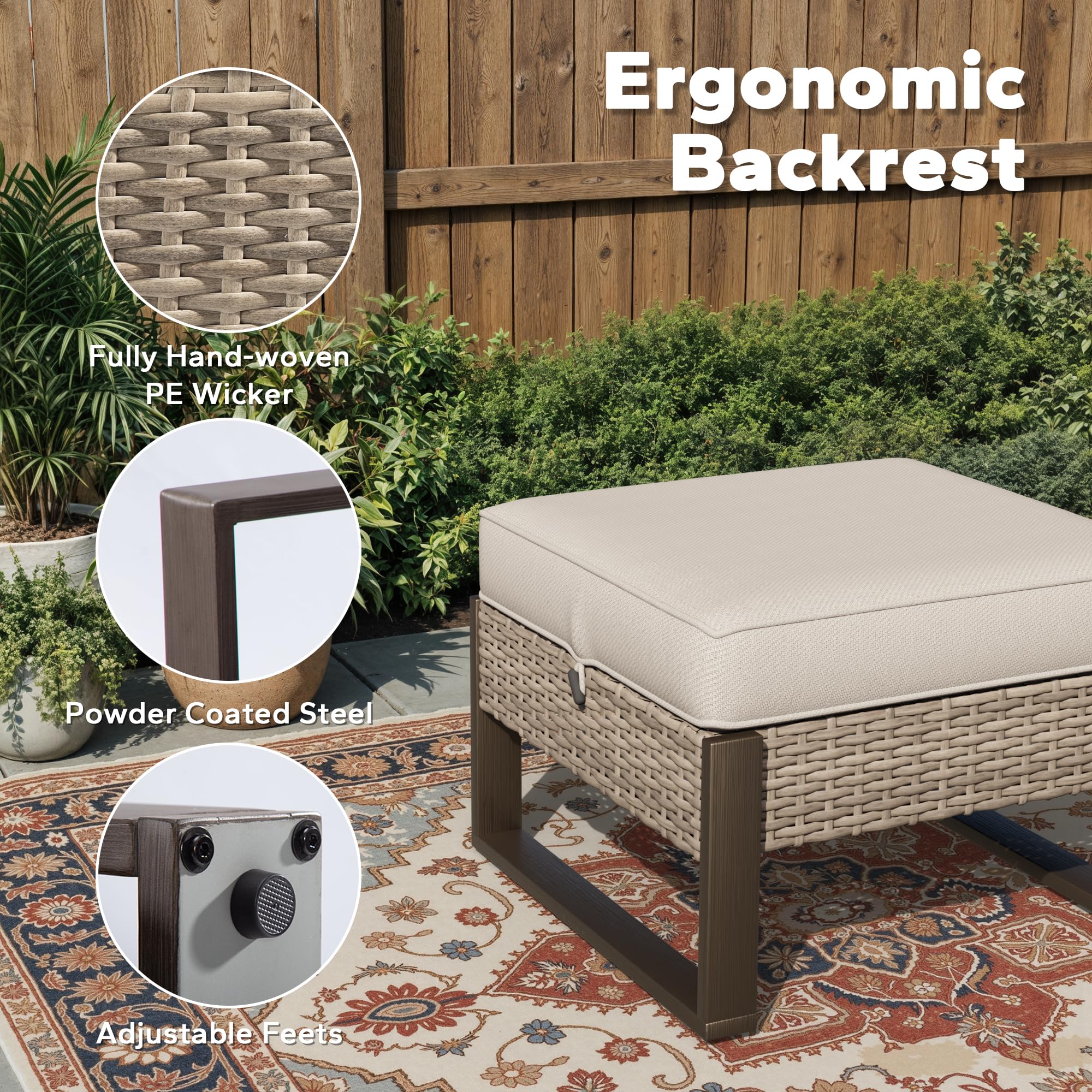 PE Rattan Ottoman Footstool Set with Removable Cushions