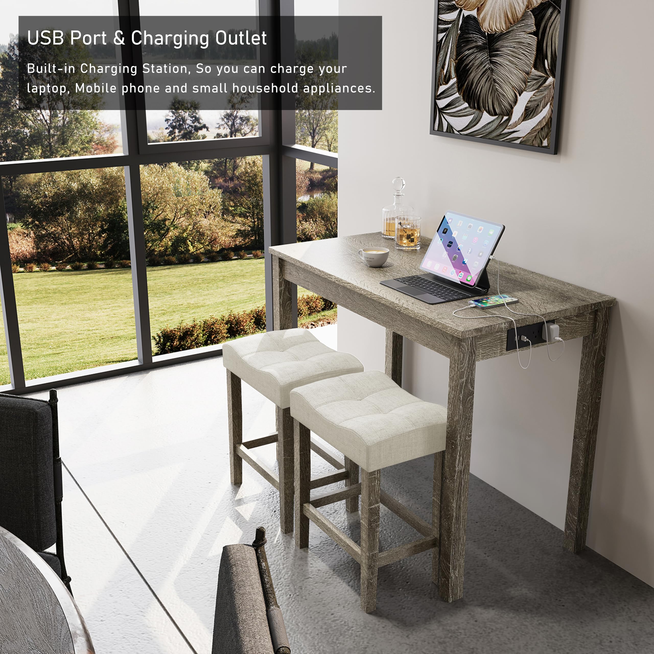 3-Piece Counter Height Bar Table Set with USB Charging