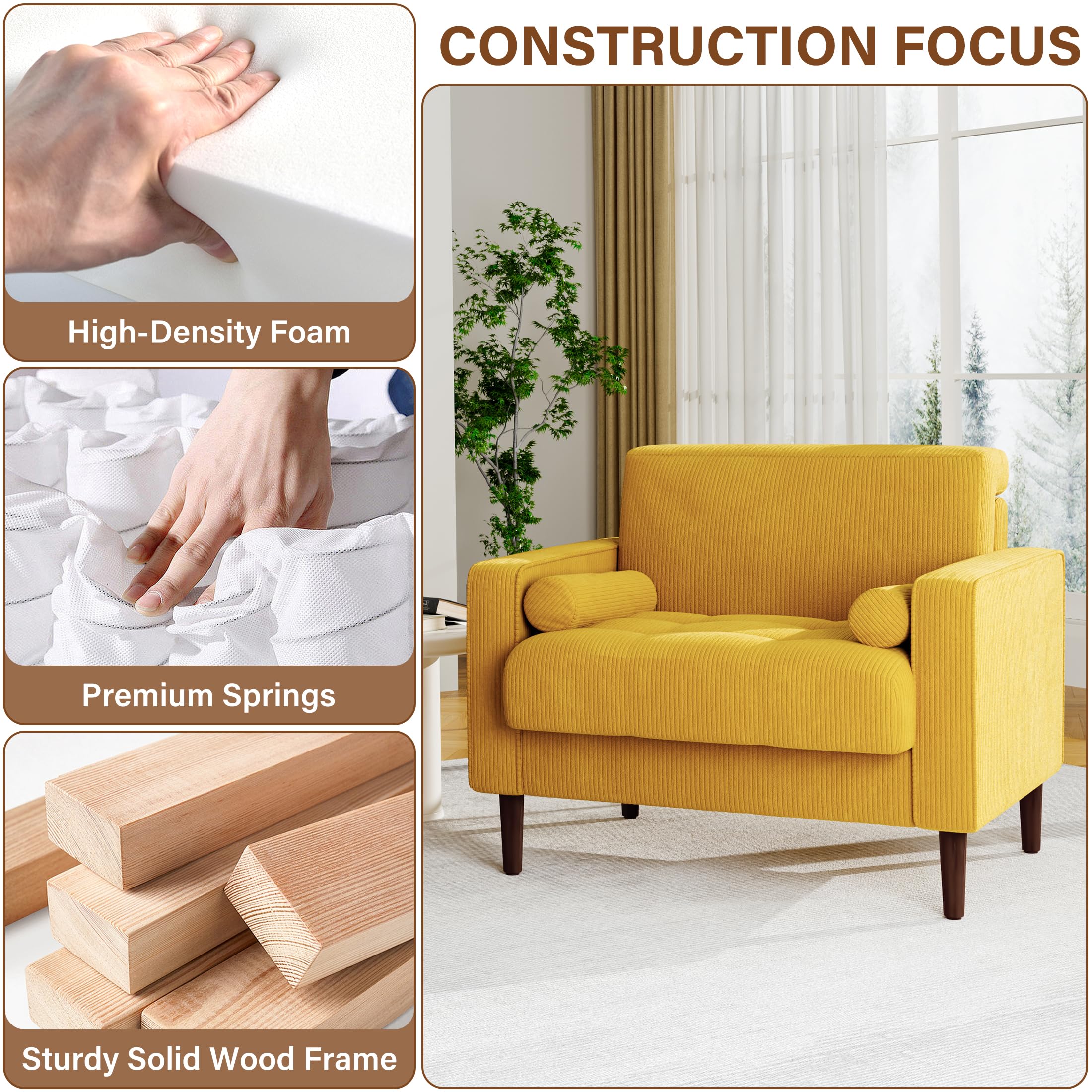 Corduroy Accent Chair with Large Seat - Yellow