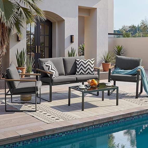 4 Piece Metal Patio Conversation Set with Olefin Cushions