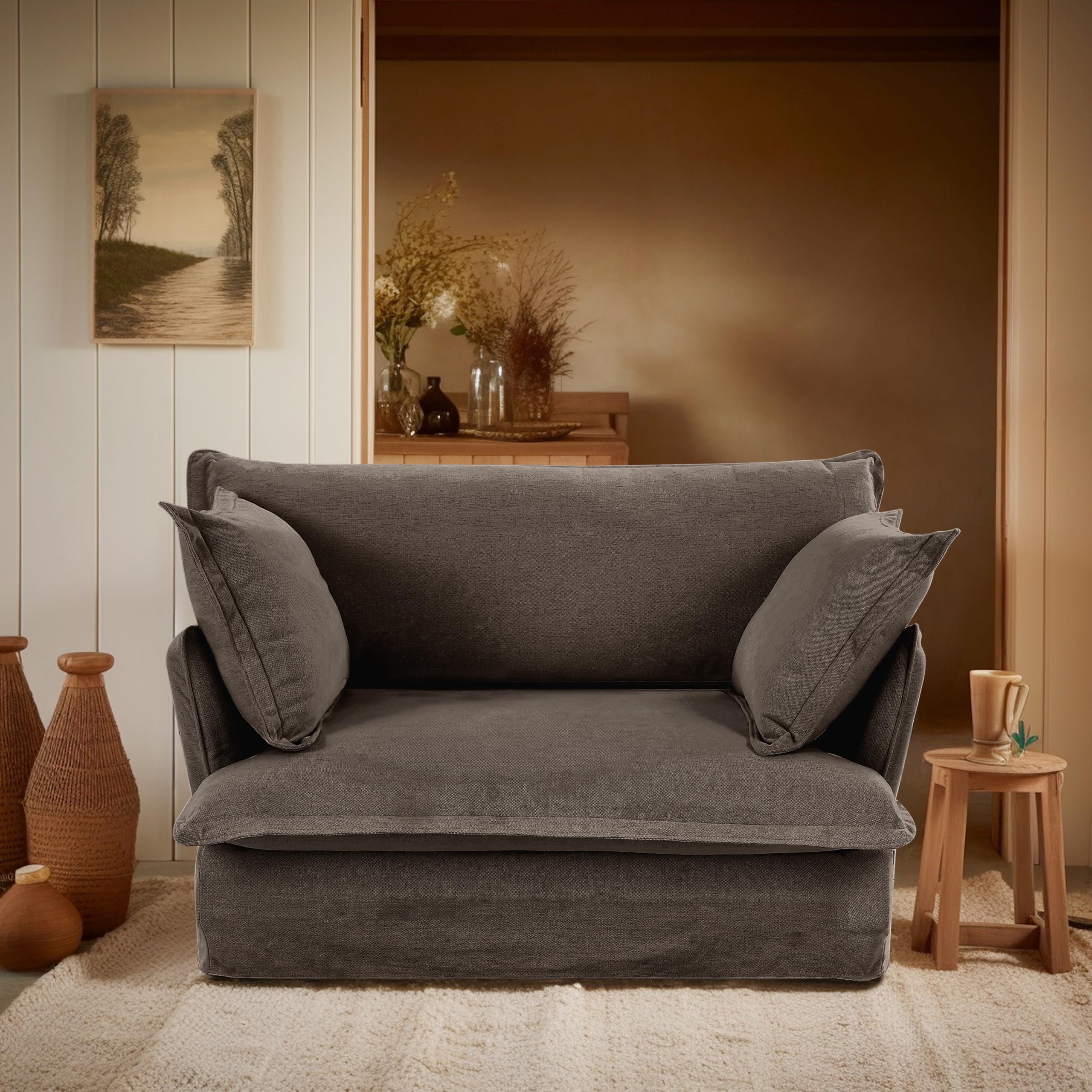 Oversized Accent Chair with Deep Seat and Washable Linen Fabric