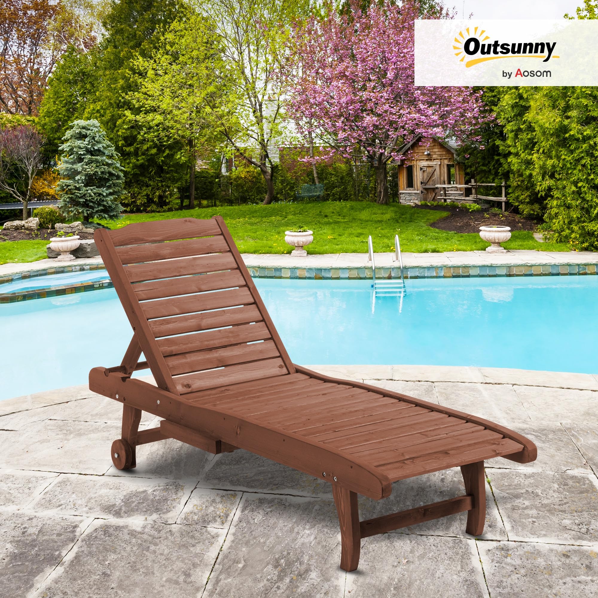 Outdoor Wooden Chaise Lounge Chair with Adjustable Backrest and Wheels