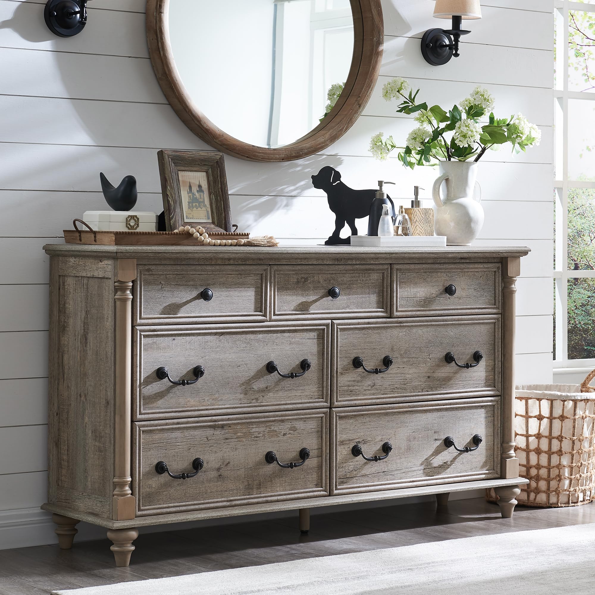 7-Drawer Farmhouse Dresser with Solid Wood Feet