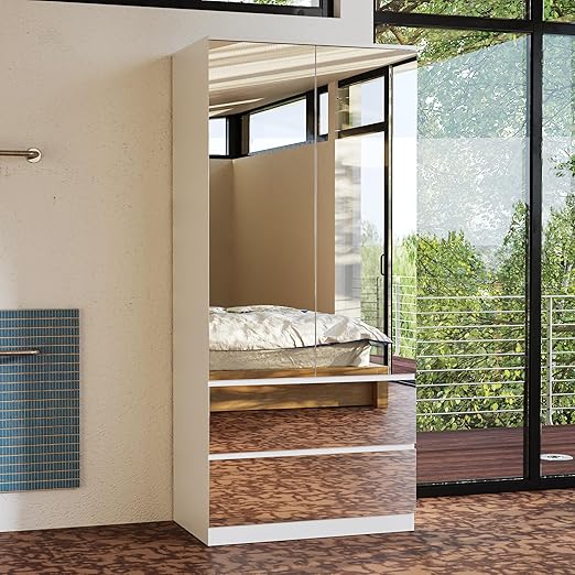 Mirrored Wardrobe Closet with 2 Doors, 2 Drawers & Hanging Rod