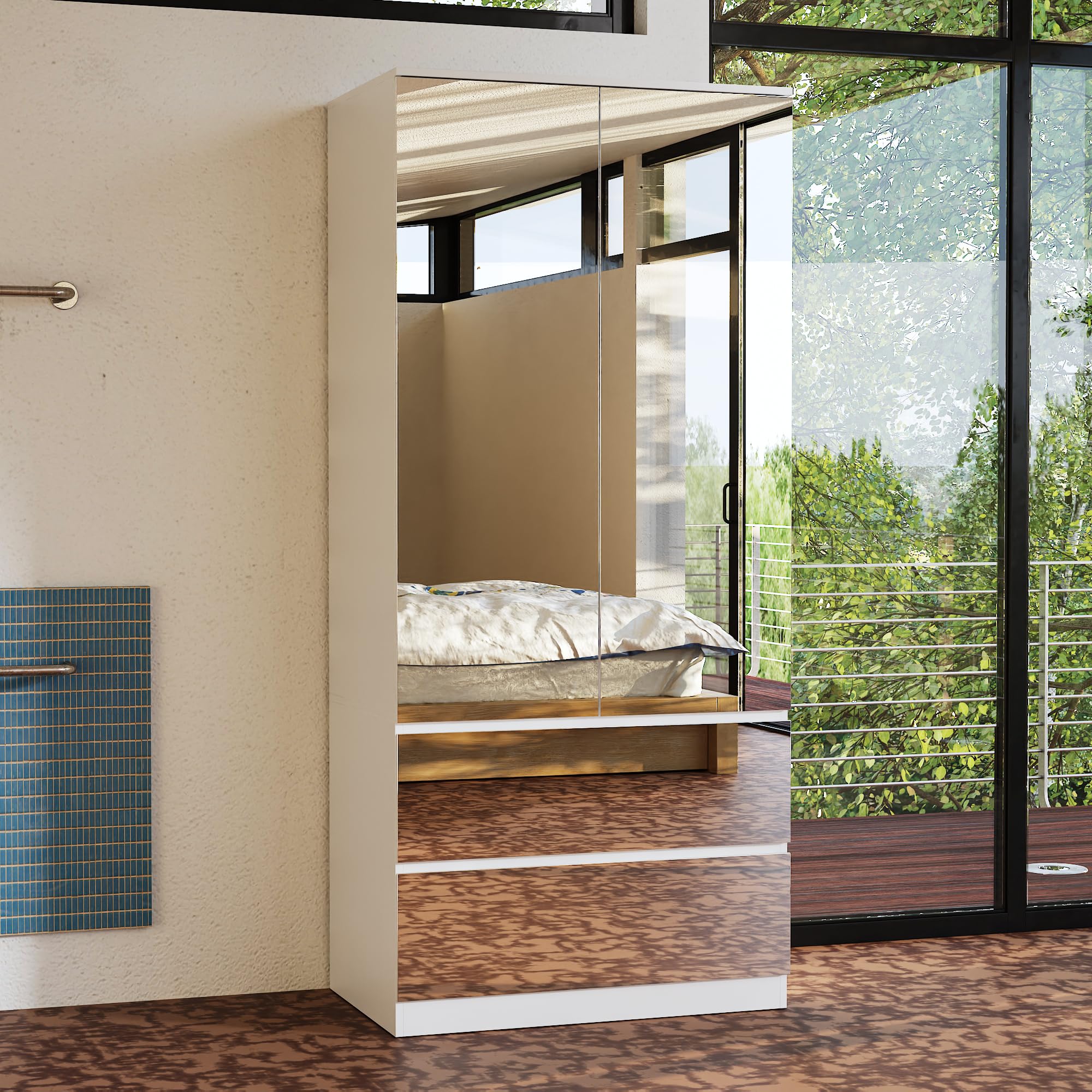 Mirrored Wardrobe Closet with 2 Doors, 2 Drawers & Hanging Rod