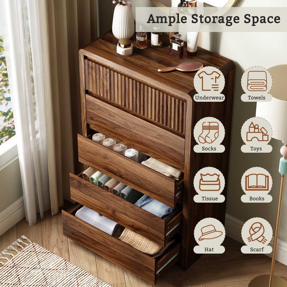 5-Drawer Tall Fluted Dresser with Curved Edges – Walnut Bedroom Chest of Drawers, 48"