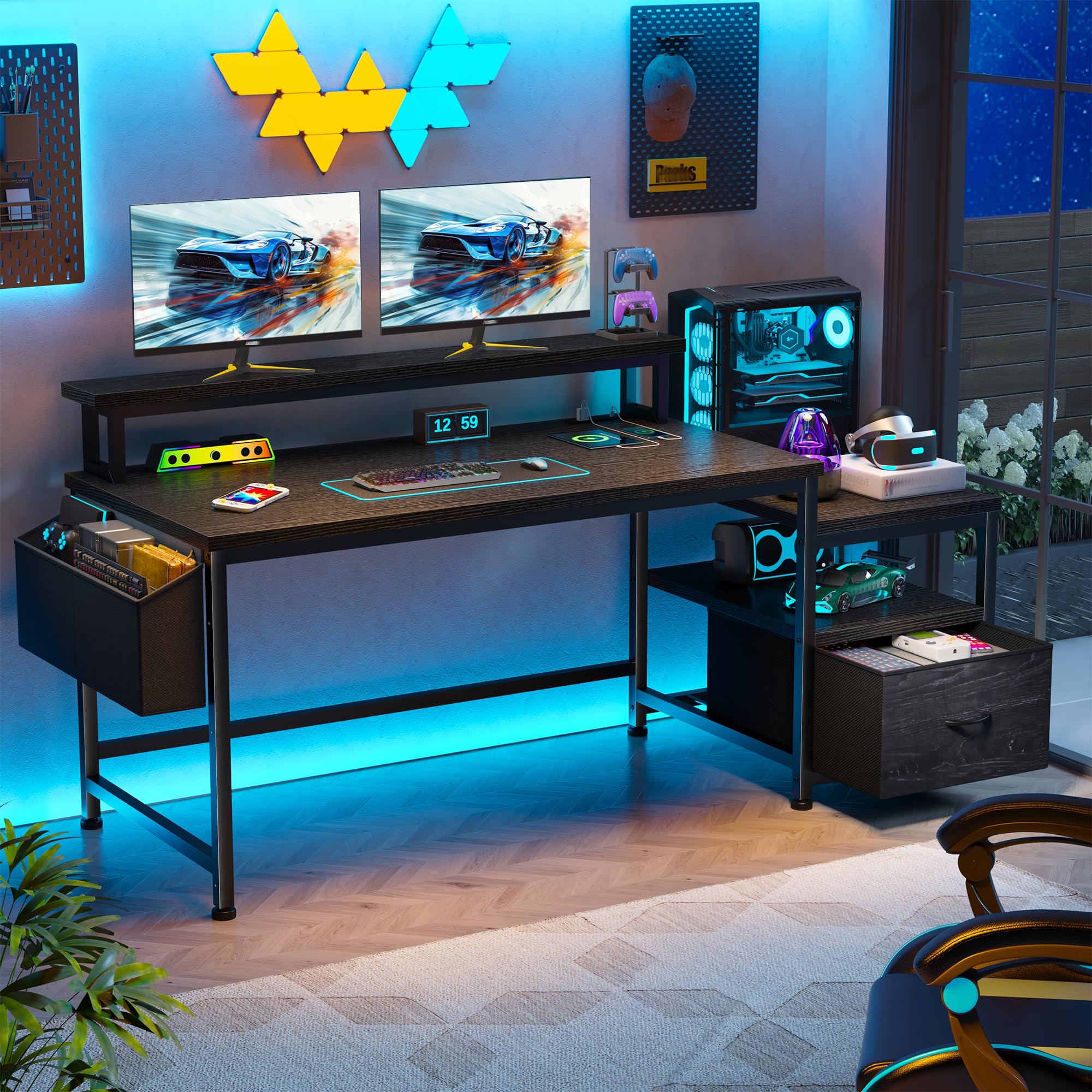 57" Computer Desk with Drawers and Power Outlets