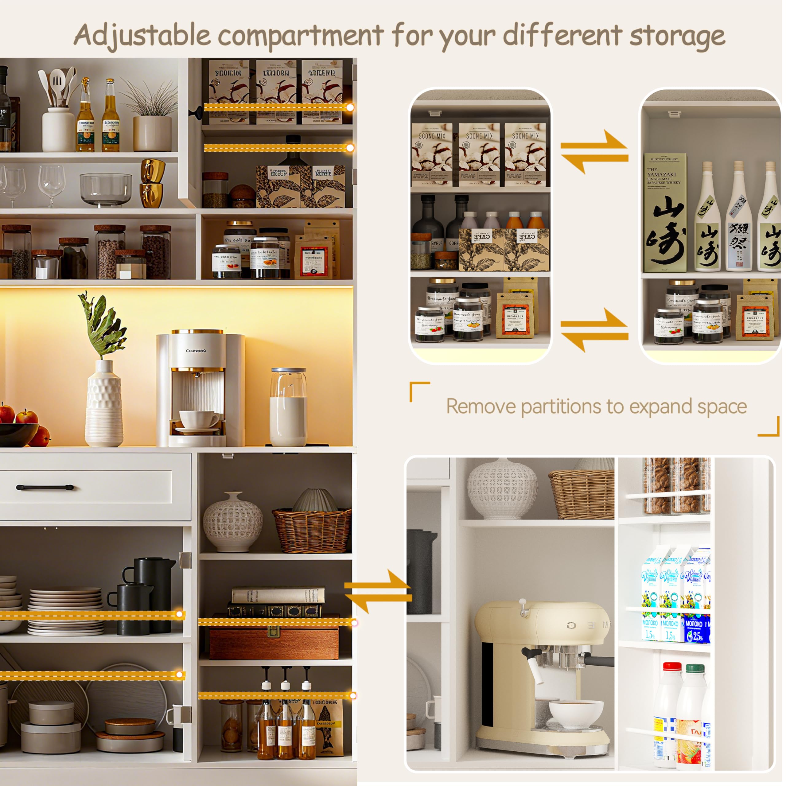 Kitchen Pantry Cabinet with LED Light and Charging Station