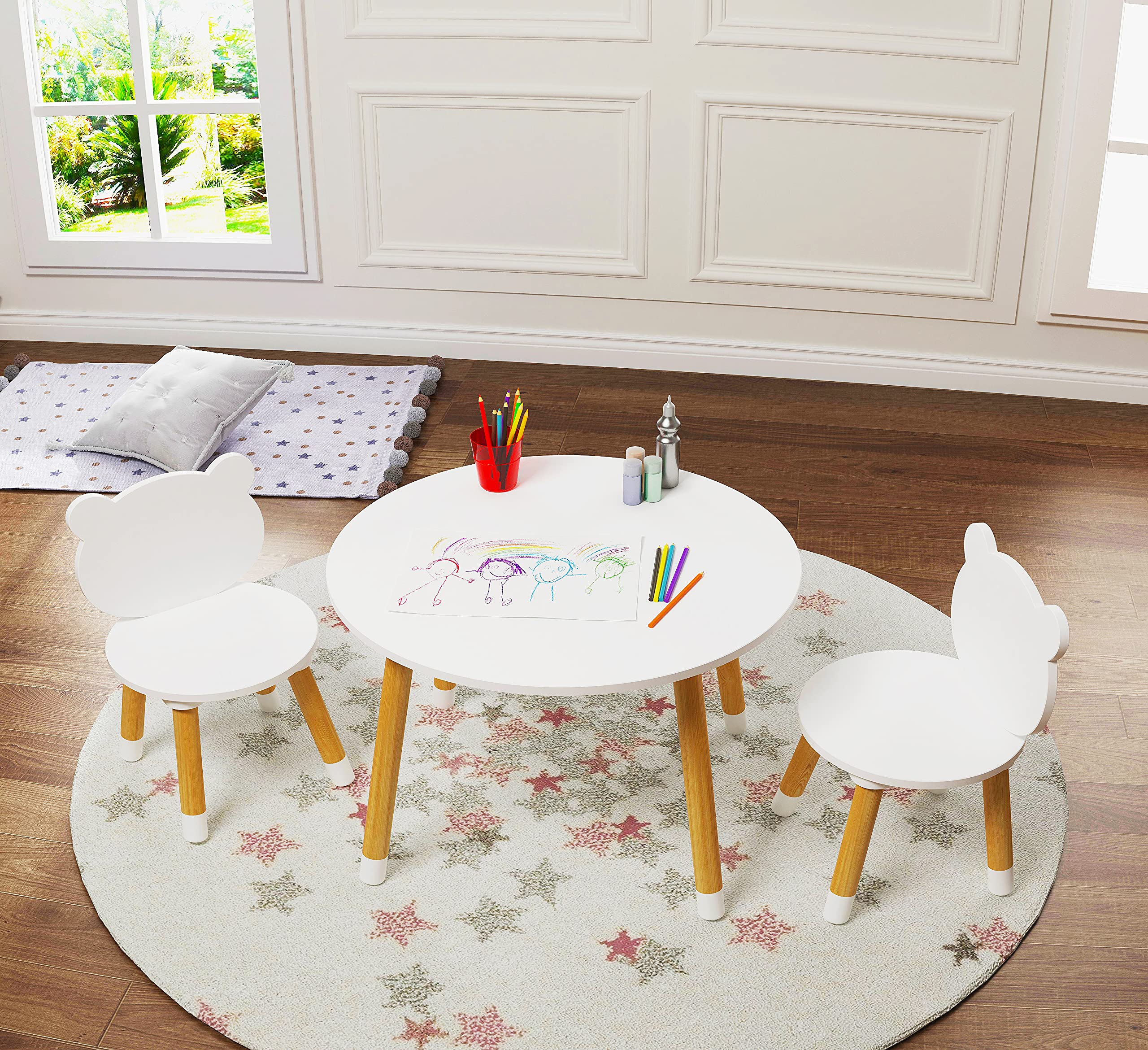 UTEX Kids Wood Table and Chair Set, Kids Play Table with 2 Chairs,3 Pieces Wood Round Table for Toddlers, Girls, Boys,White