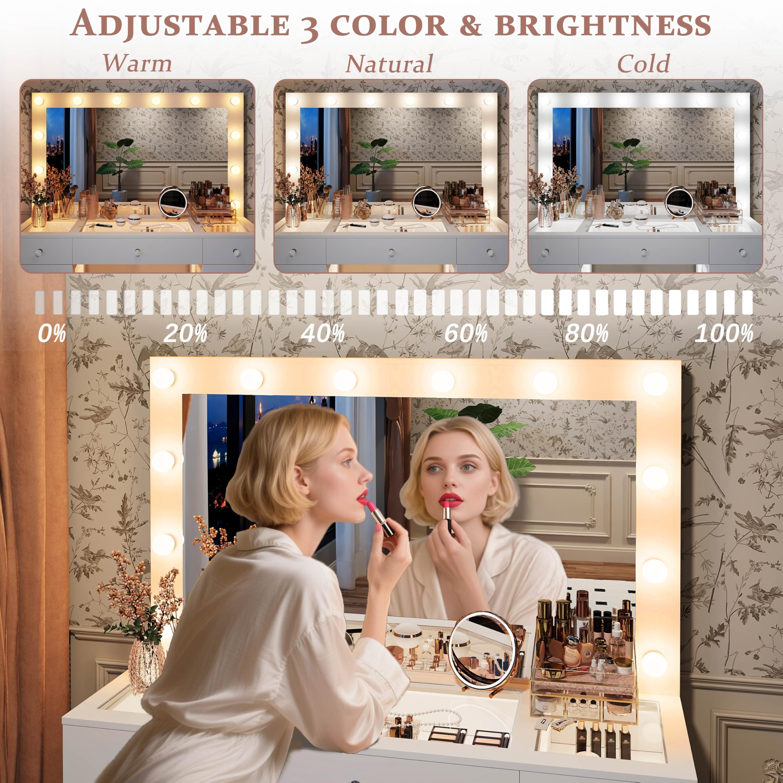 Vanity Desk with Large Mirror and Lights