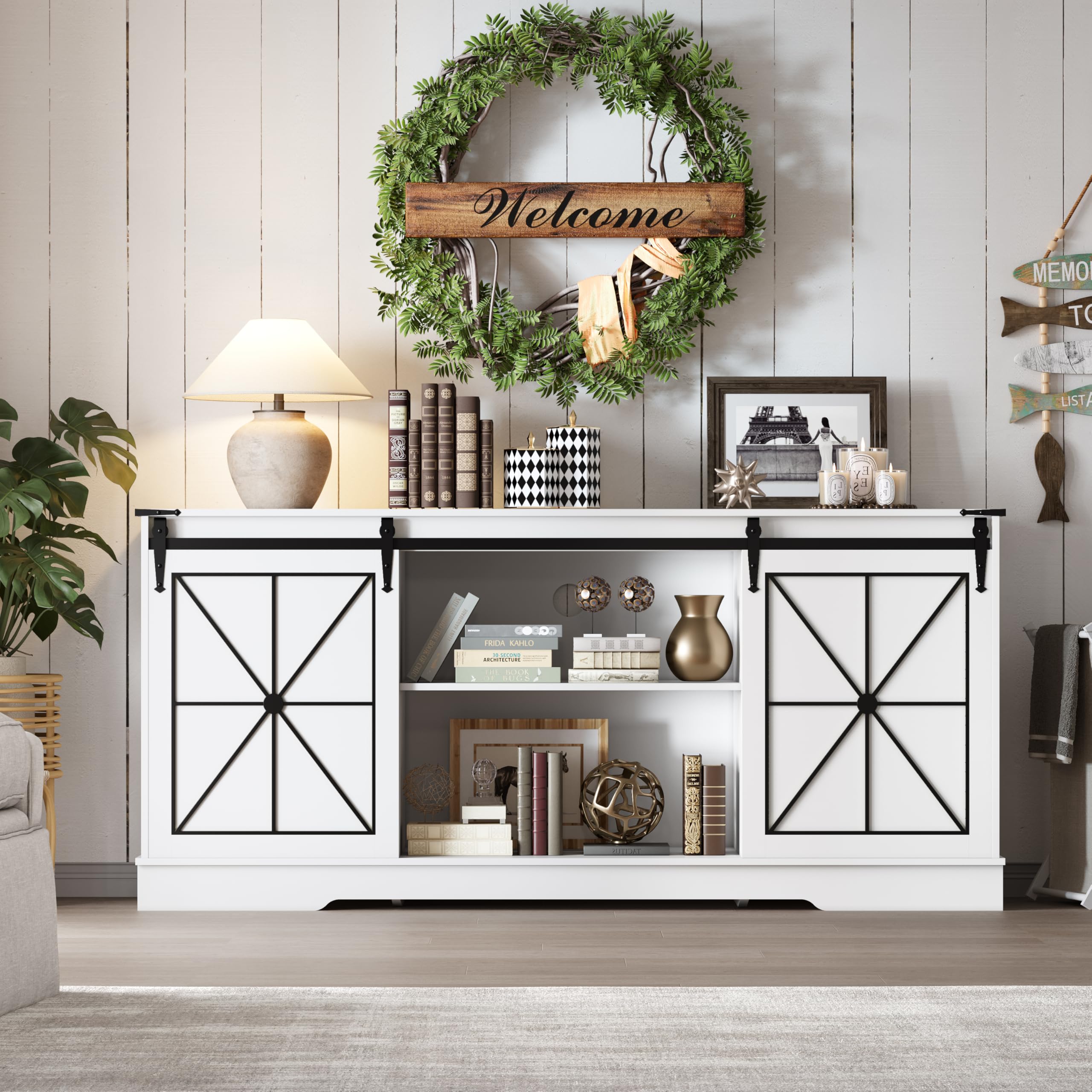 Farmhouse TV Stand with Sliding Barn Doors - 59 Inch Media Console