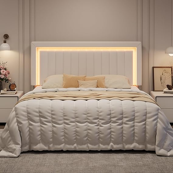 Full Size Pink Velvet LED Bed Frame with Adjustable Headboard