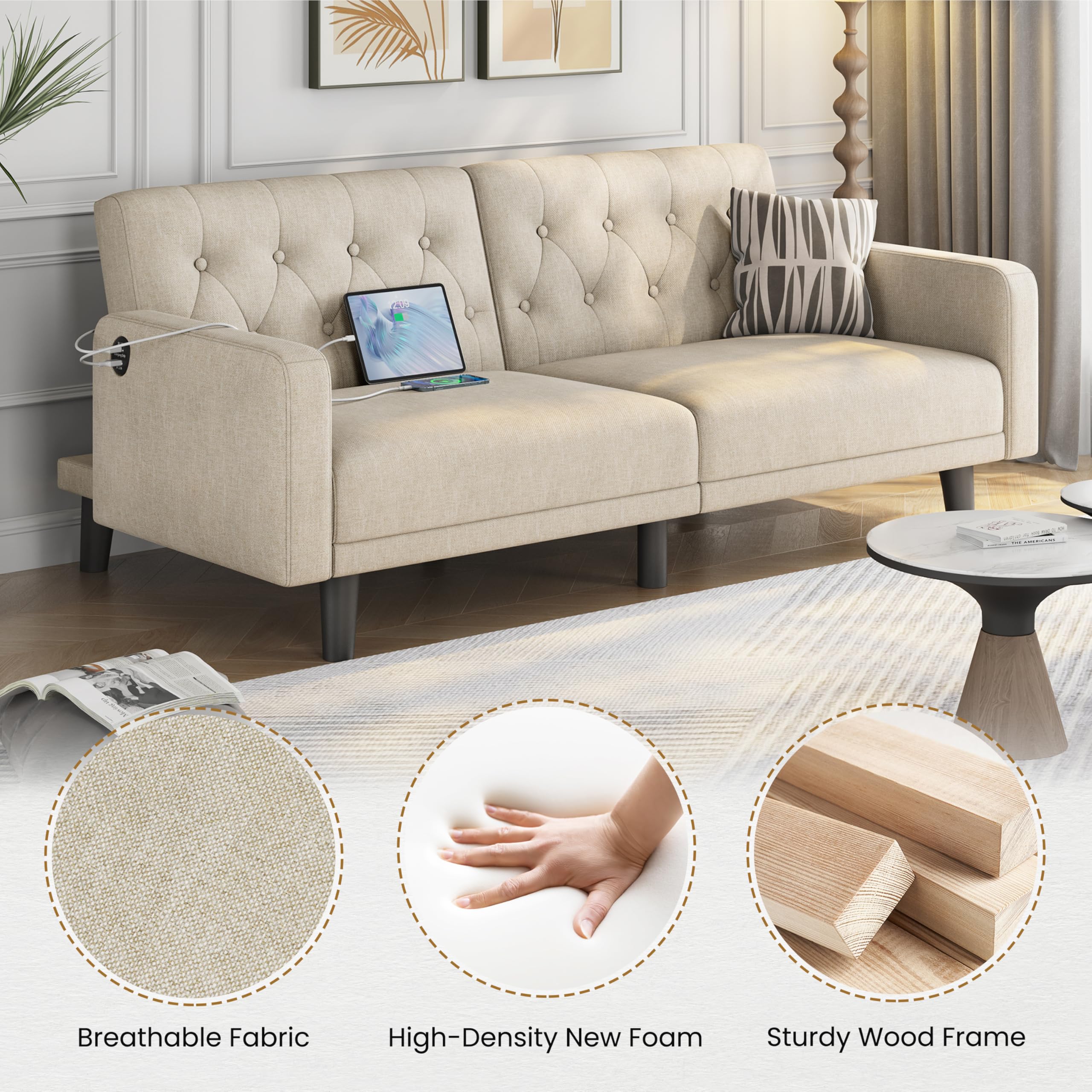 63" Convertible Futon Sofa Bed with USB Ports
