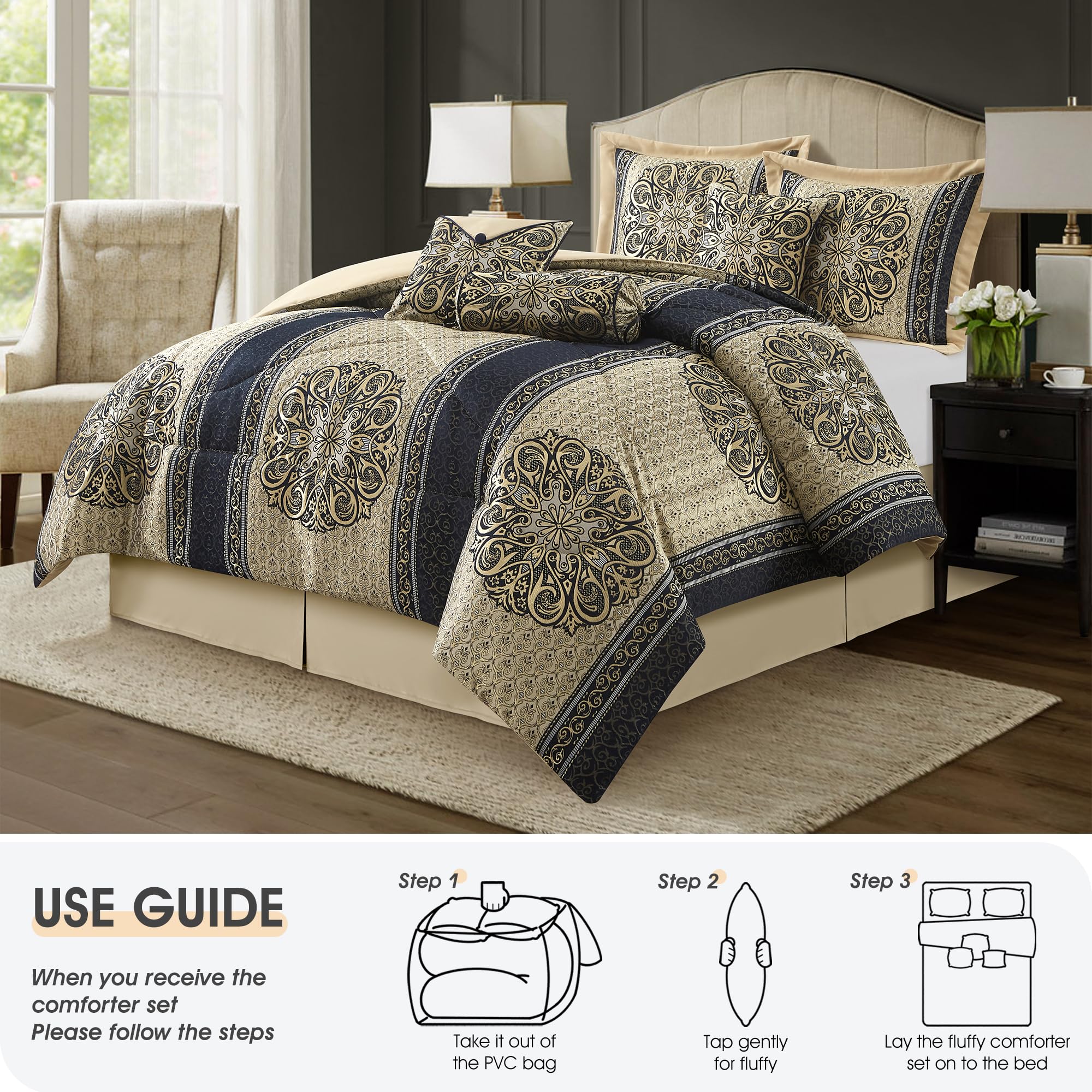 California King Comforter Set Navy Medallion Jacquard 7 Piece
