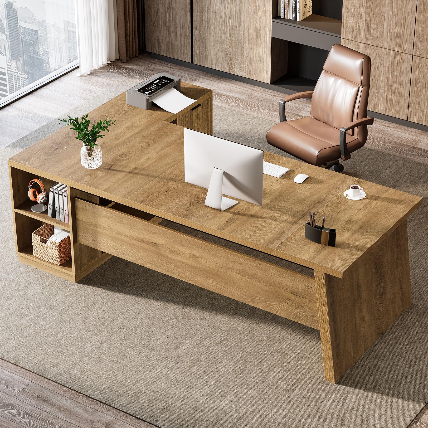 78" L-Shaped Executive Desk with Drawers and File Cabinet