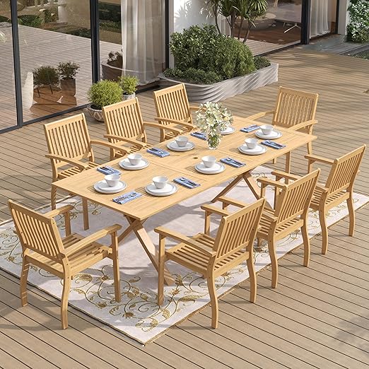 SUNSHINE VALLEY Acacia Wood 7 Piece Patio Dining Sets for 6, Outdoor Dining Set with Expandable Teak Dining Table(1.97" Umbrella Hole) & Wooden Chairs, Patio Table and Chairs for Backyard,Deck