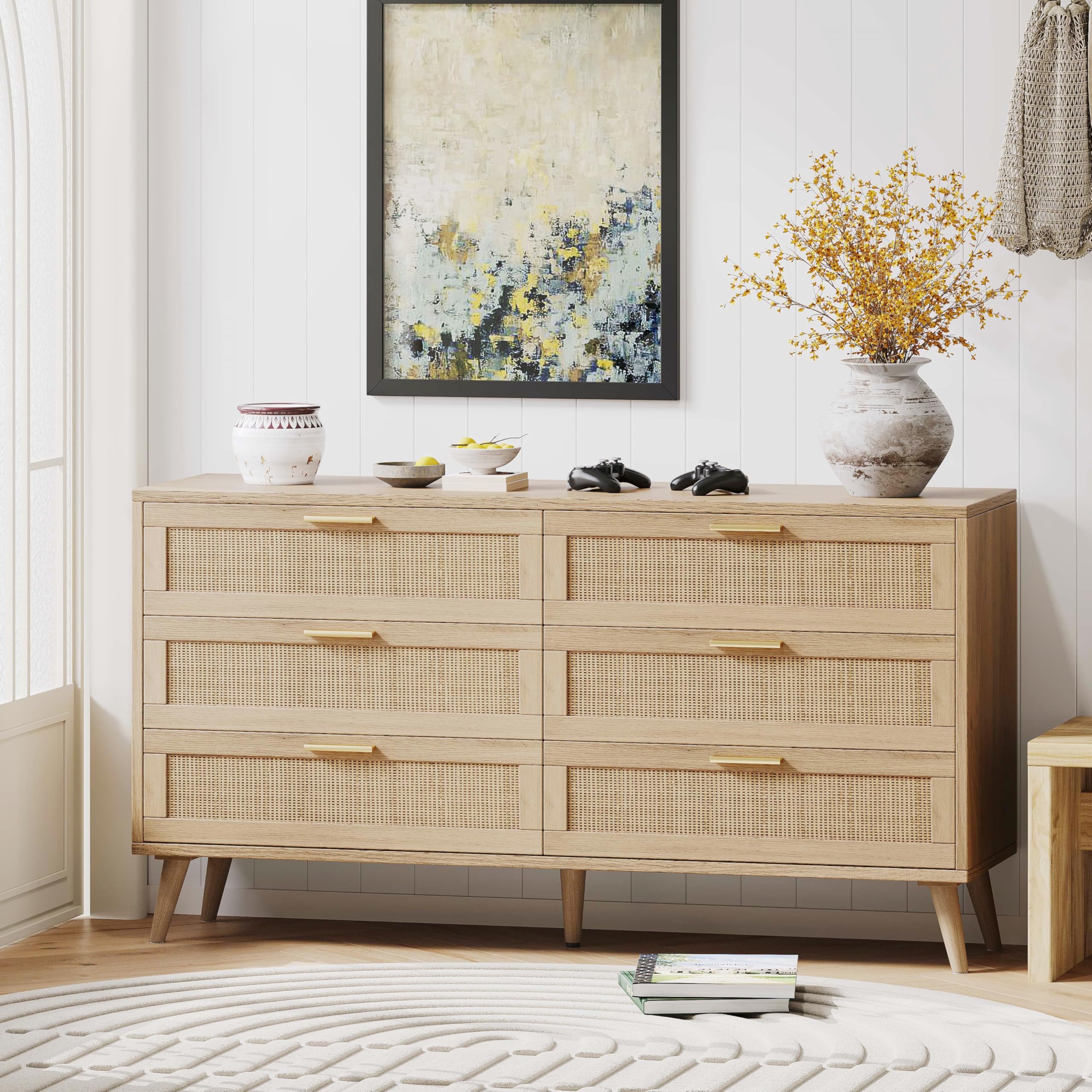 6 Drawer Double Dresser with Rattan and Golden Handles