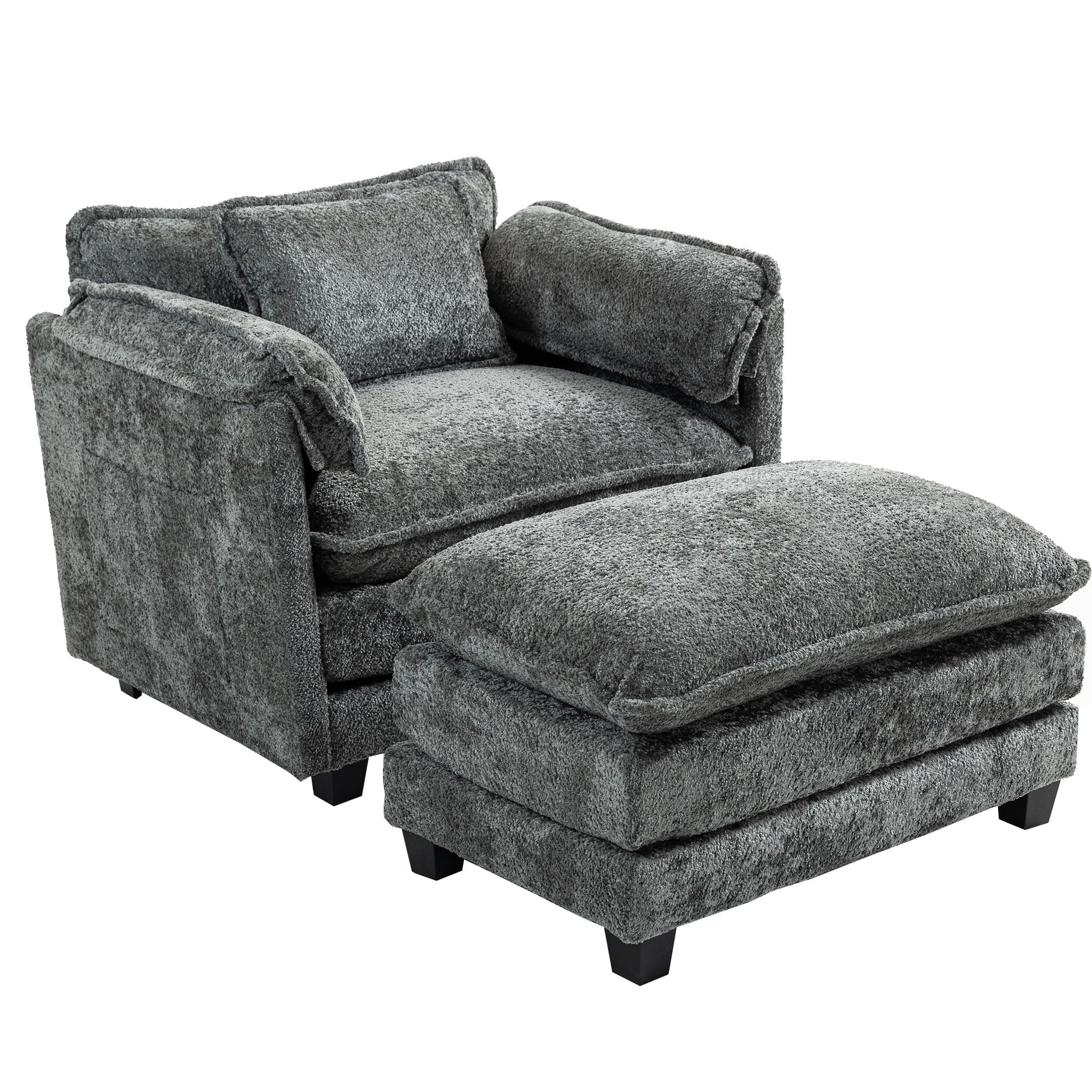 KEIKI Boucle Oversized Reading Chair with Storage & Ottoman, 40" W Modern Accent Chair W/Double Deep Cushion Seating, Comfy Upholstered Single Sofa Lounge Armchair for Living Room, Bedroom, Drak Grey