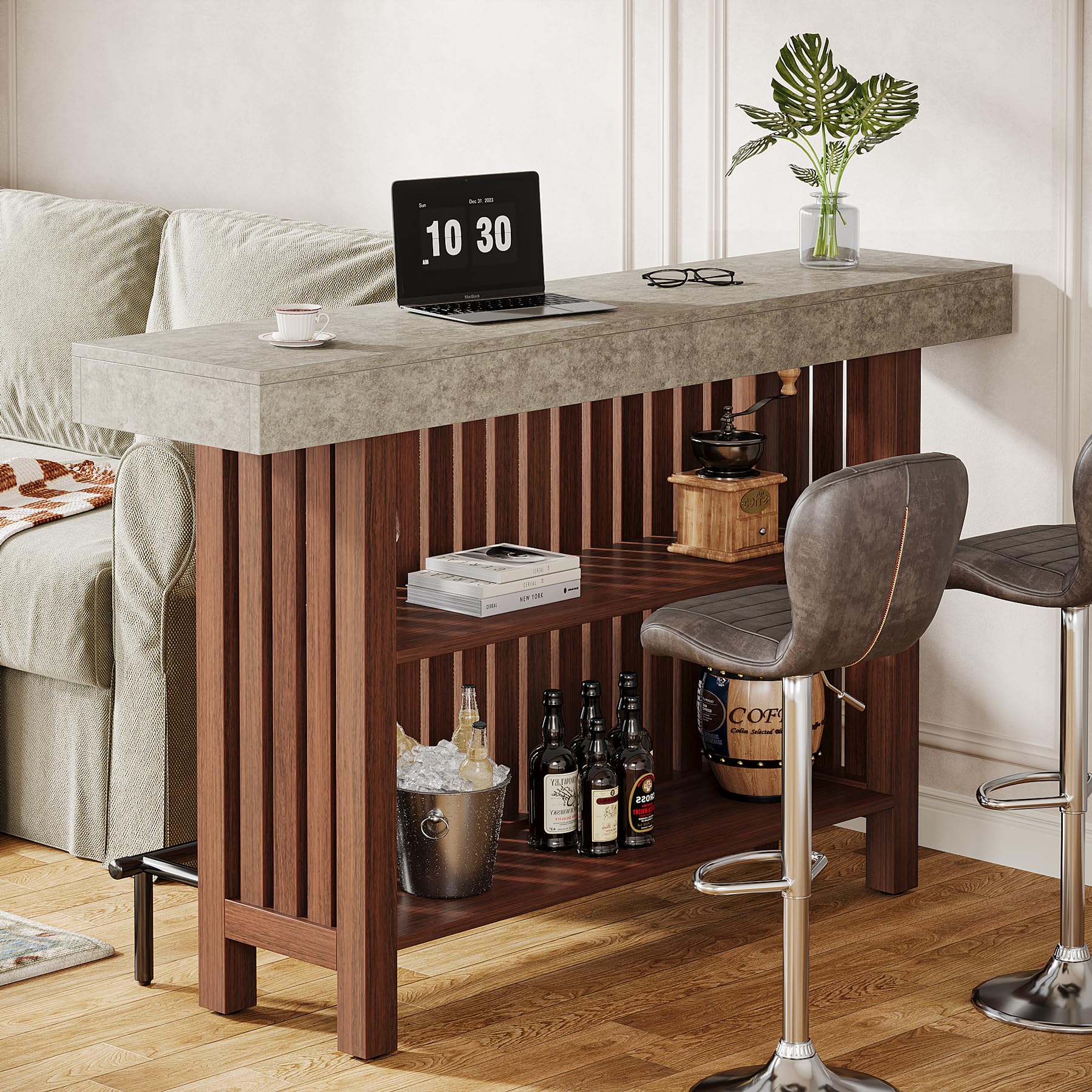 2-Tier Bar Table with Storage and Footrest