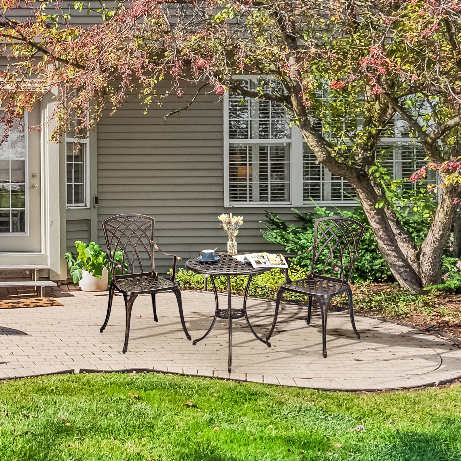 SunnyFurn 3-Piece Bistro Set Table Outdoor, Cast Aluminum Bistro Set Two Chairs,Lightweight Maintenance Free Outdoor Seating/Indoor Use,Tulip Design,Outdoor Patio Seating, Antique Bronze Finish