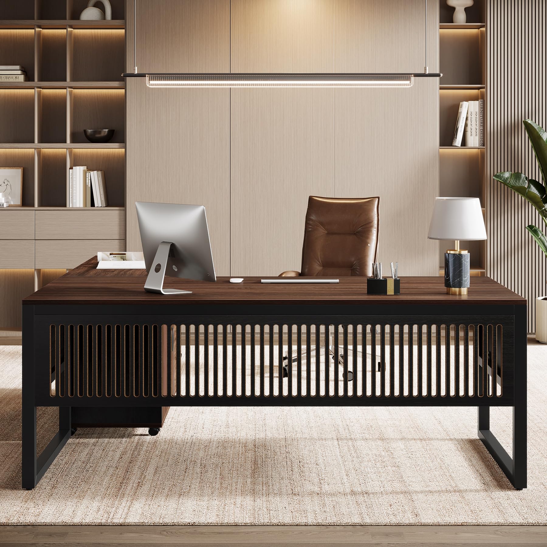 63-Inch L-Shaped Executive Desk with Mobile File Cabinet