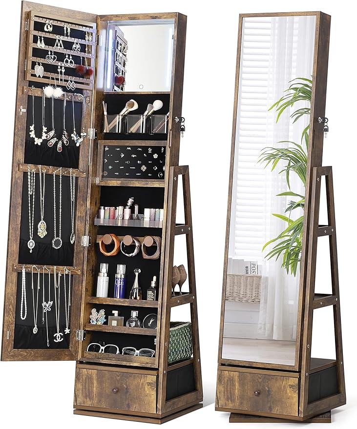 360° Swivel Jewelry Cabinet with Lights and Touch Screen Mirror