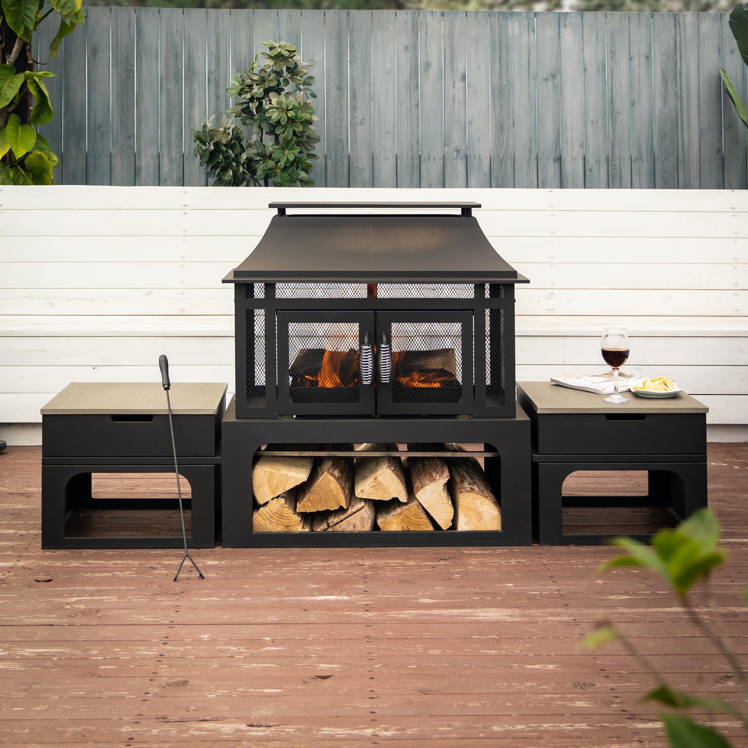70 Inch Rectangular Outdoor Fireplace with Side Tables