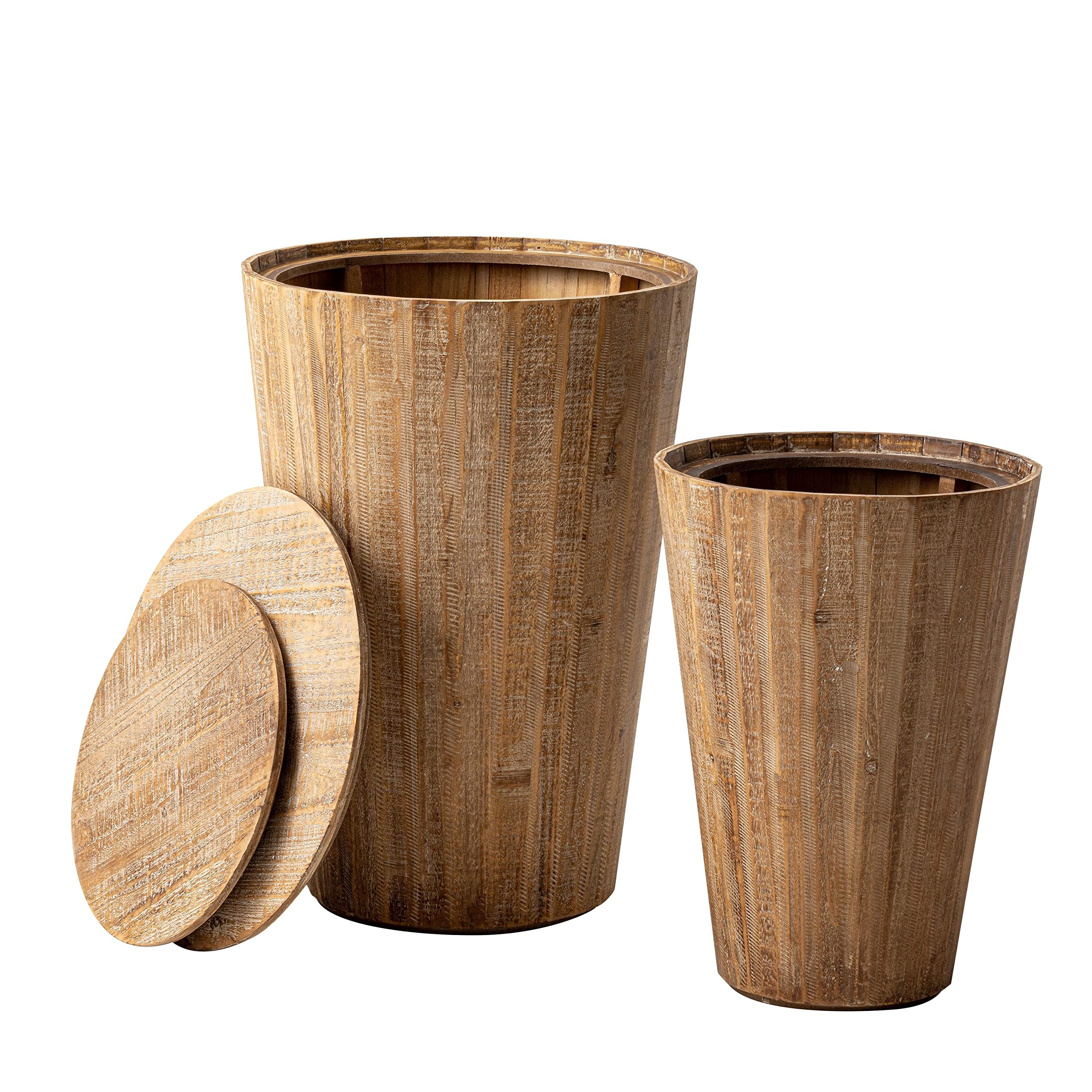 COZAYH Round End Table Set of 2, Farmhouse Nesting Side Table, Rustic Barrel Table Space Saving Storage with One Removable Lid for Living Room, Bedroom, Dining Room, Natural Distressed Finish