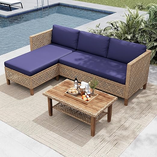 L-Shaped Outdoor Wicker Couch Set with Coffee Table