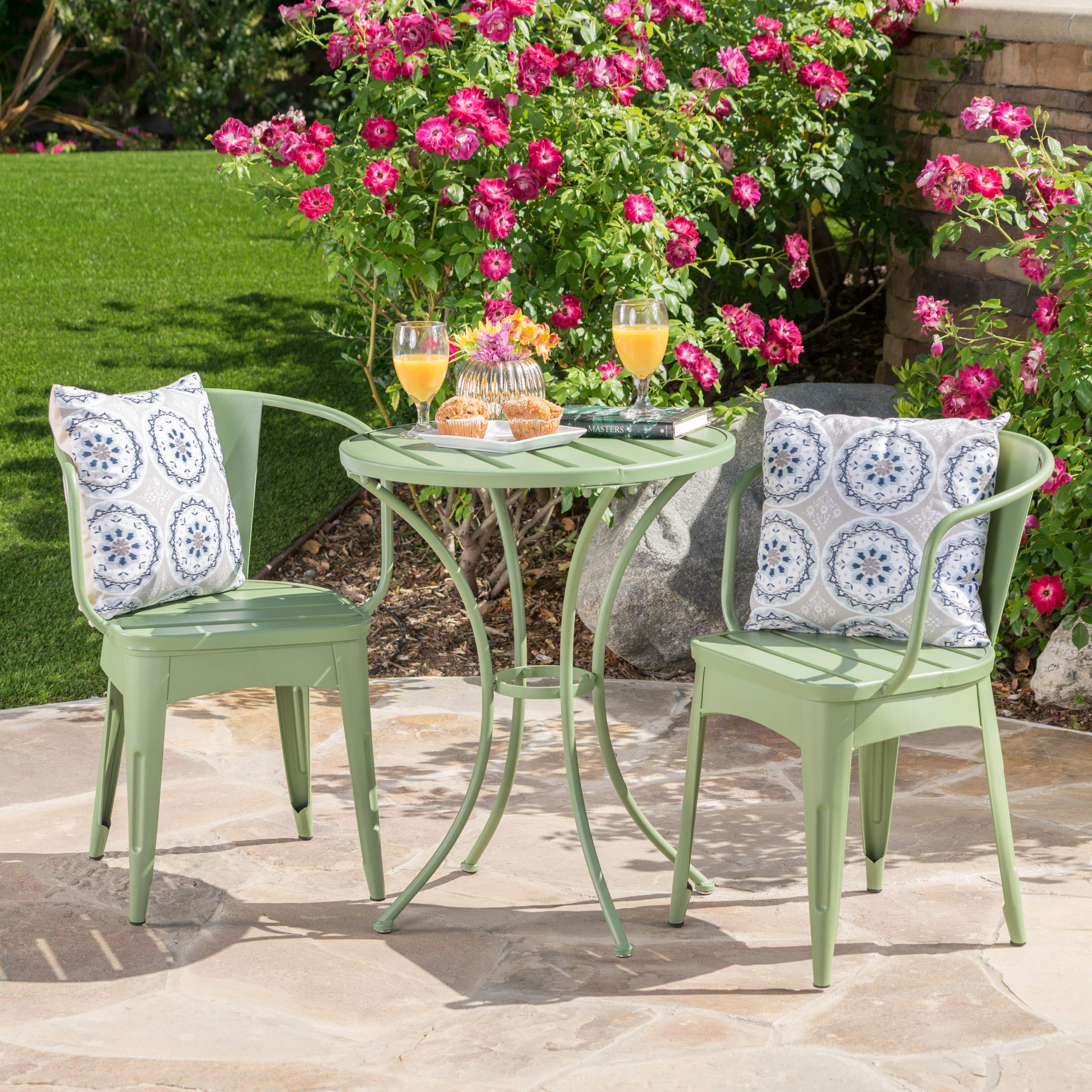 Outdoor Iron Bistro Set - 3-Piece Matte Green