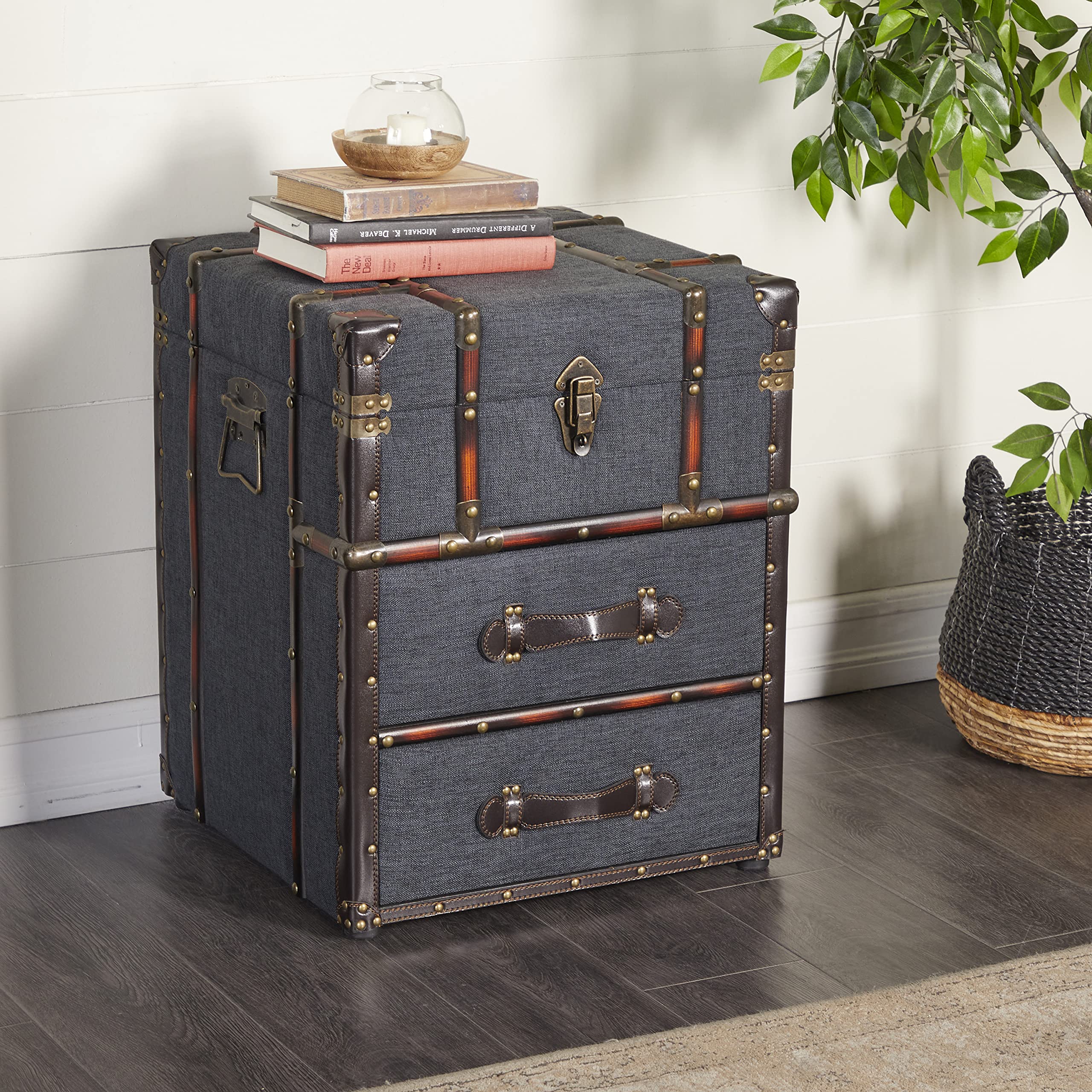 Blue Linen Upholstered 2-Drawer Accent Table