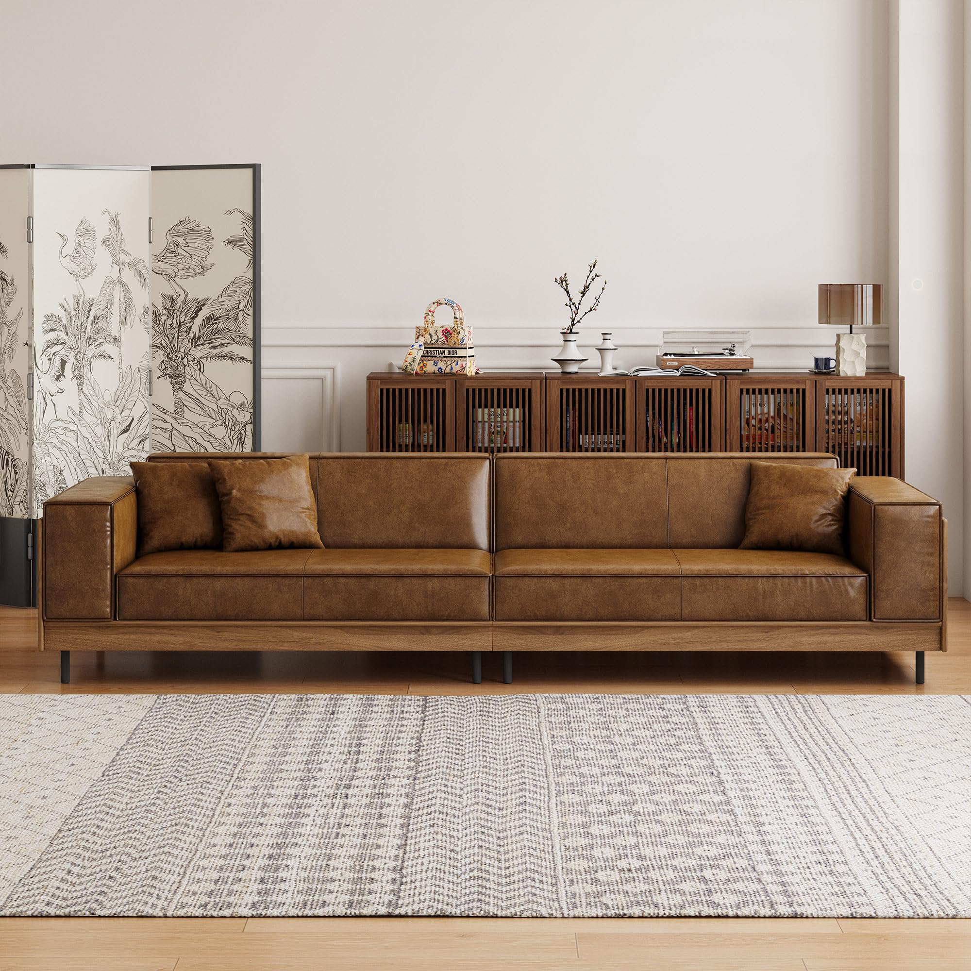 Mid-Century Modern Leather Sofa 111.81" 3-Seat Couch with Wooden Accents