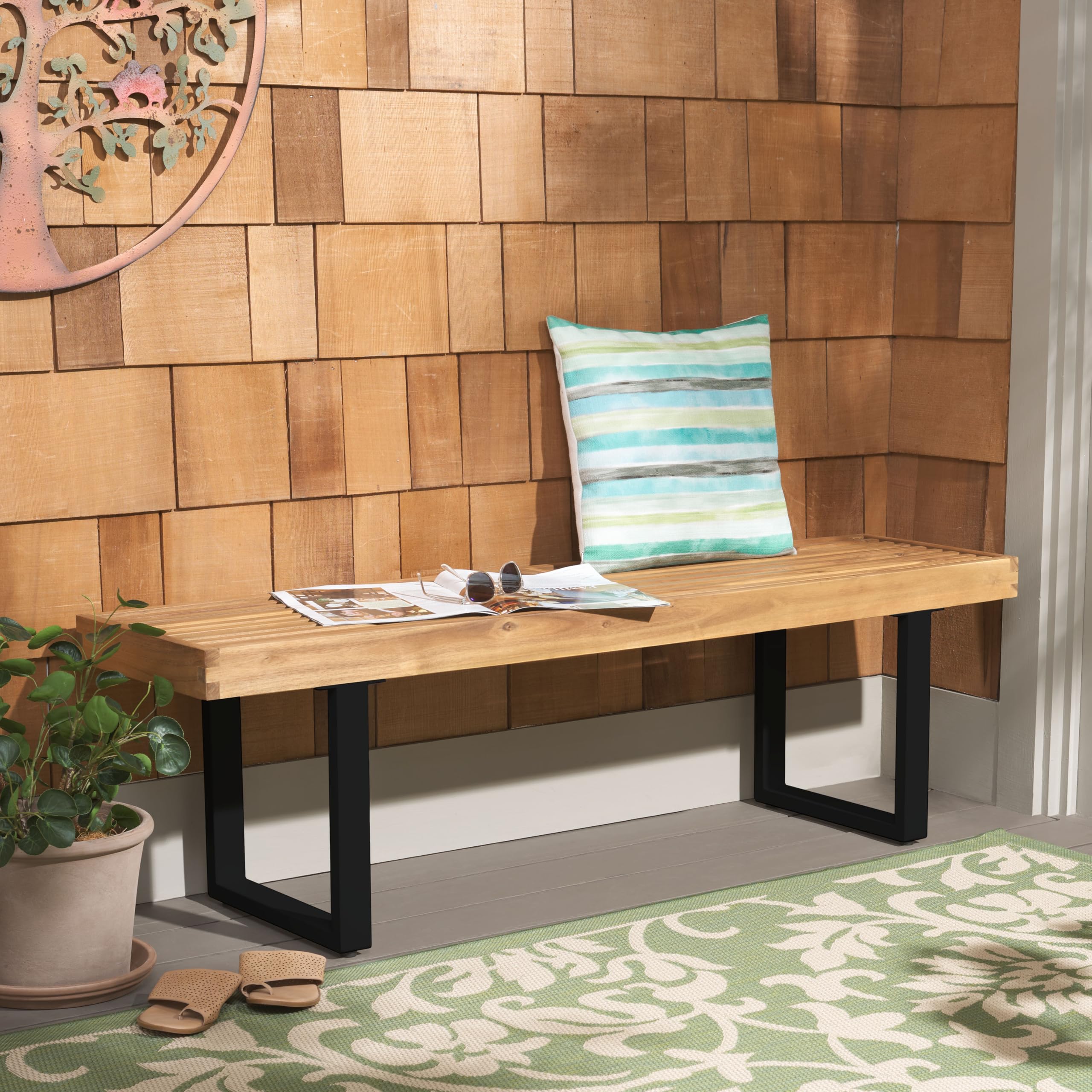 Monti 2 Seater Outdoor Bench Natural Acacia Wood Black Metal Legs