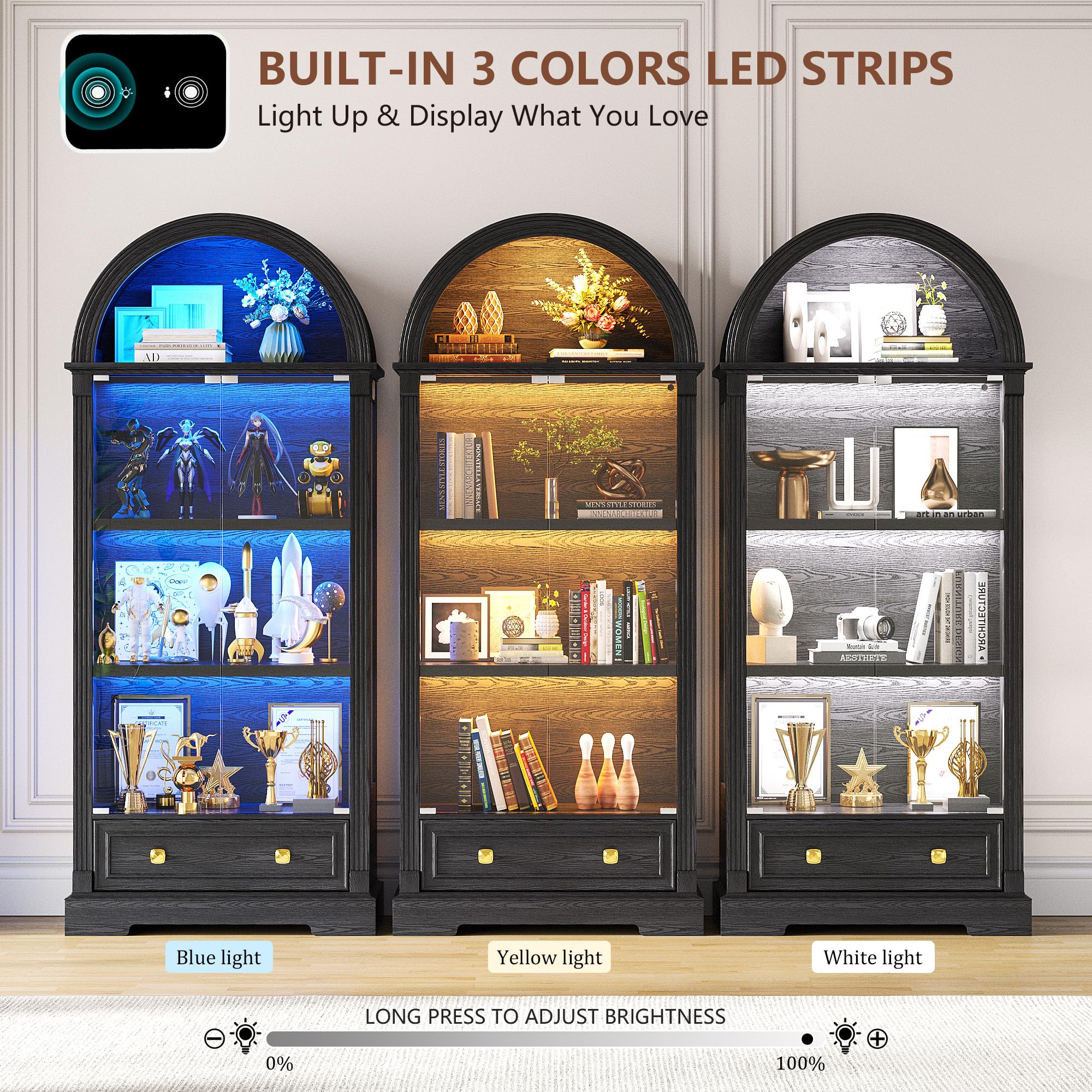 Arched Glass Display Cabinet with Sensor Lights