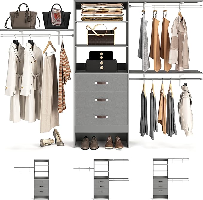 96 Inch Walk-In Closet Organizer System with 3 Shelving Towers and Drawers