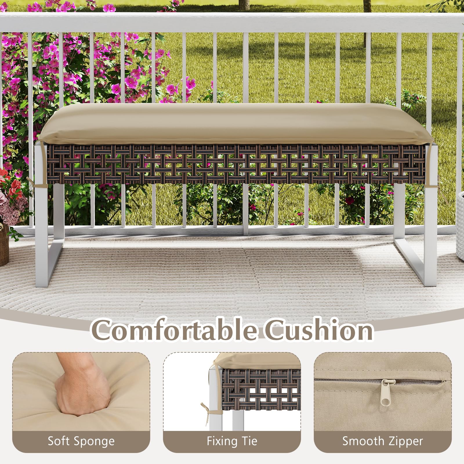 Outdoor Rattan Ottoman Bench with Cushion