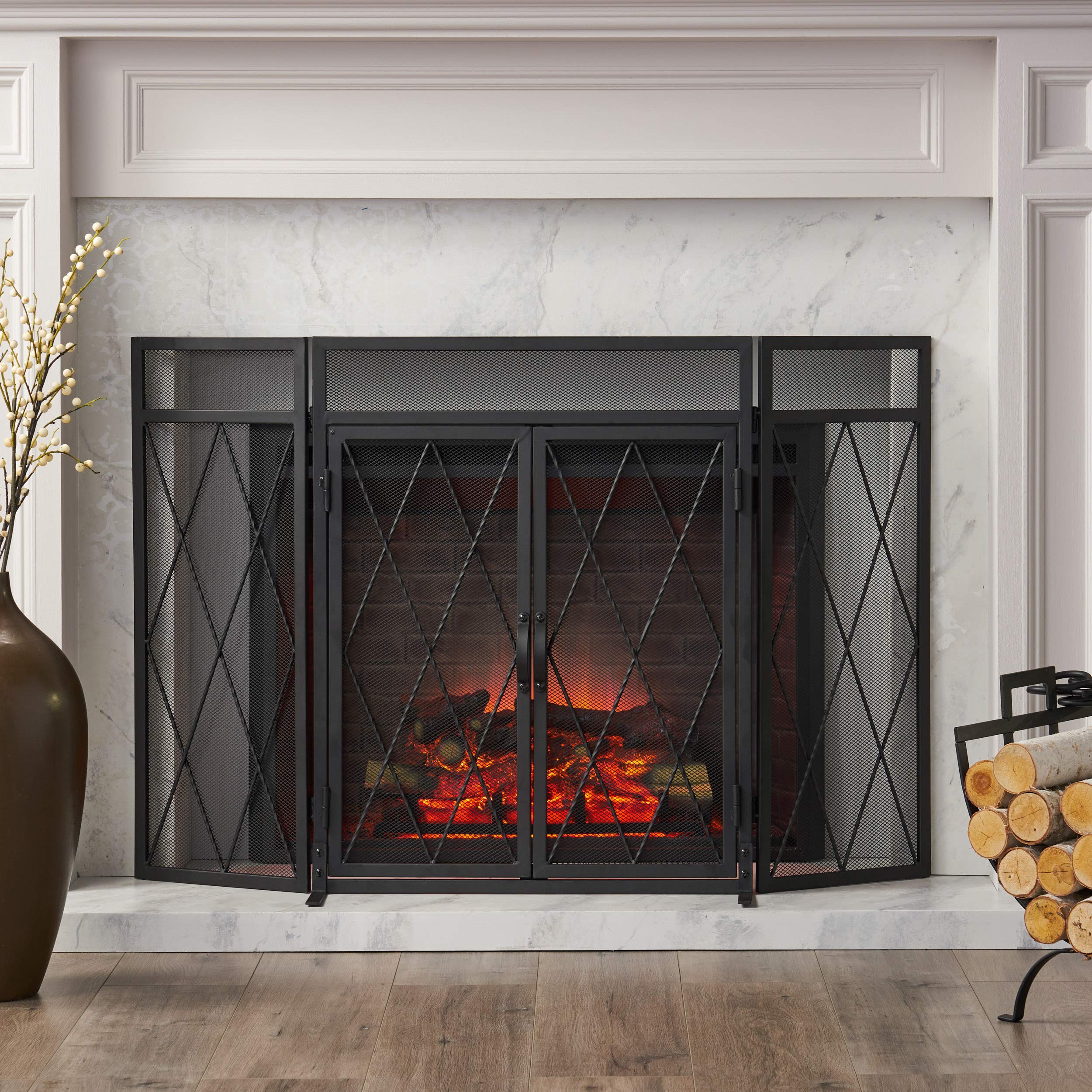 Modern Iron Folding Fireplace Screen with Door