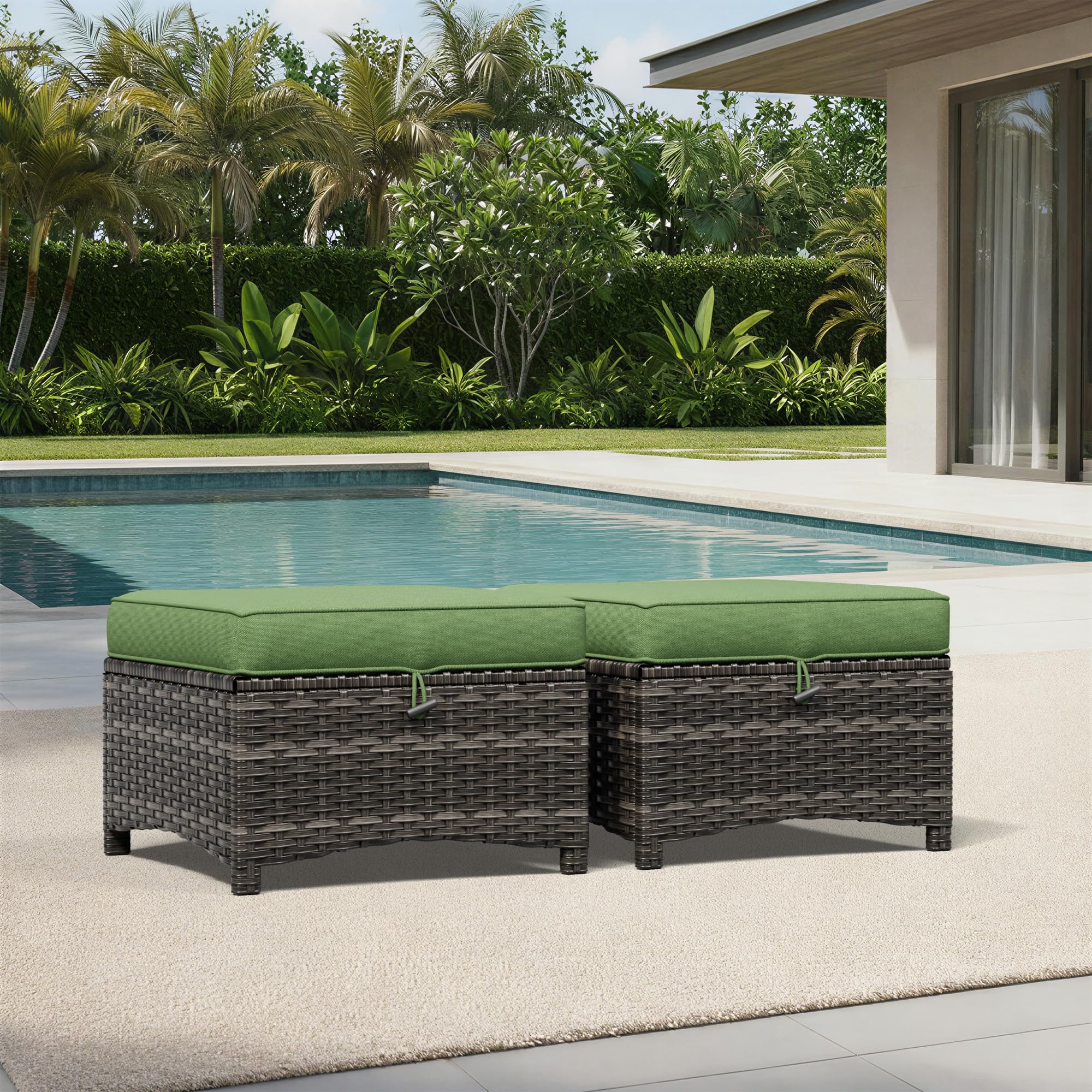 Outdoor Wicker Ottoman Set of 2 with Cushions