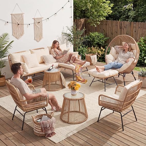 Boho L-Shaped Patio Sectional Sofa Set with Ice Bucket Table