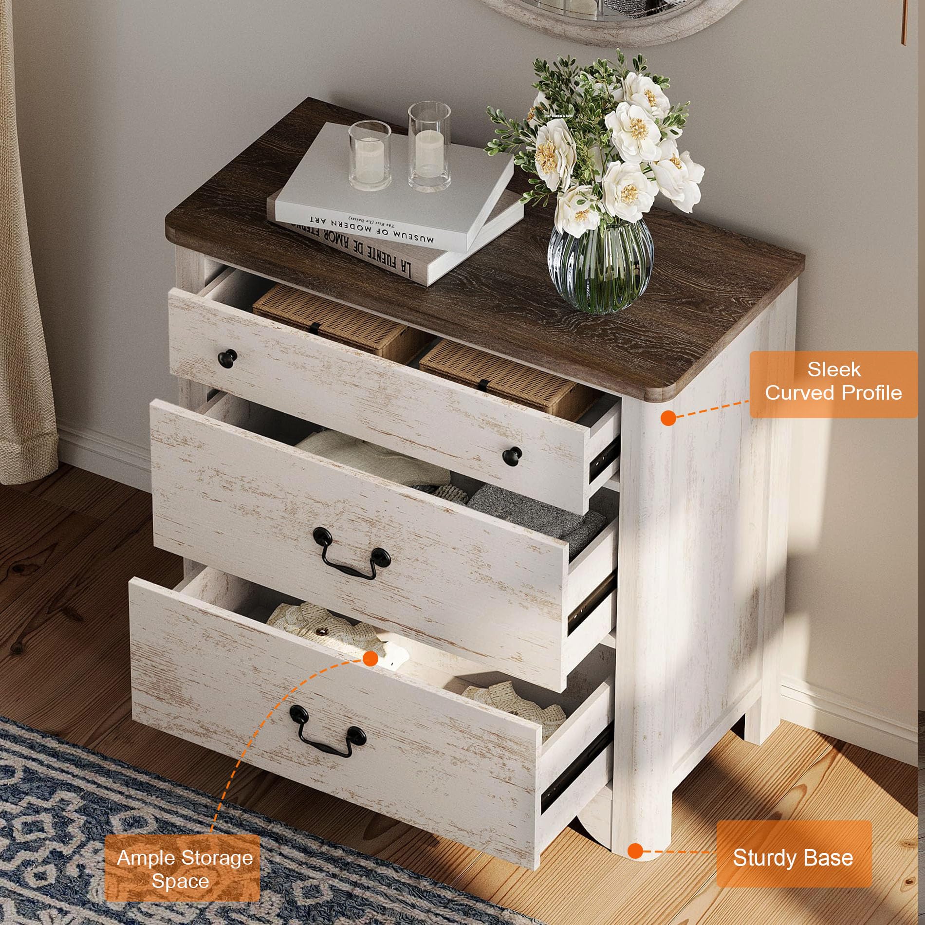 3-Drawer Dresser with Curved Profile Design